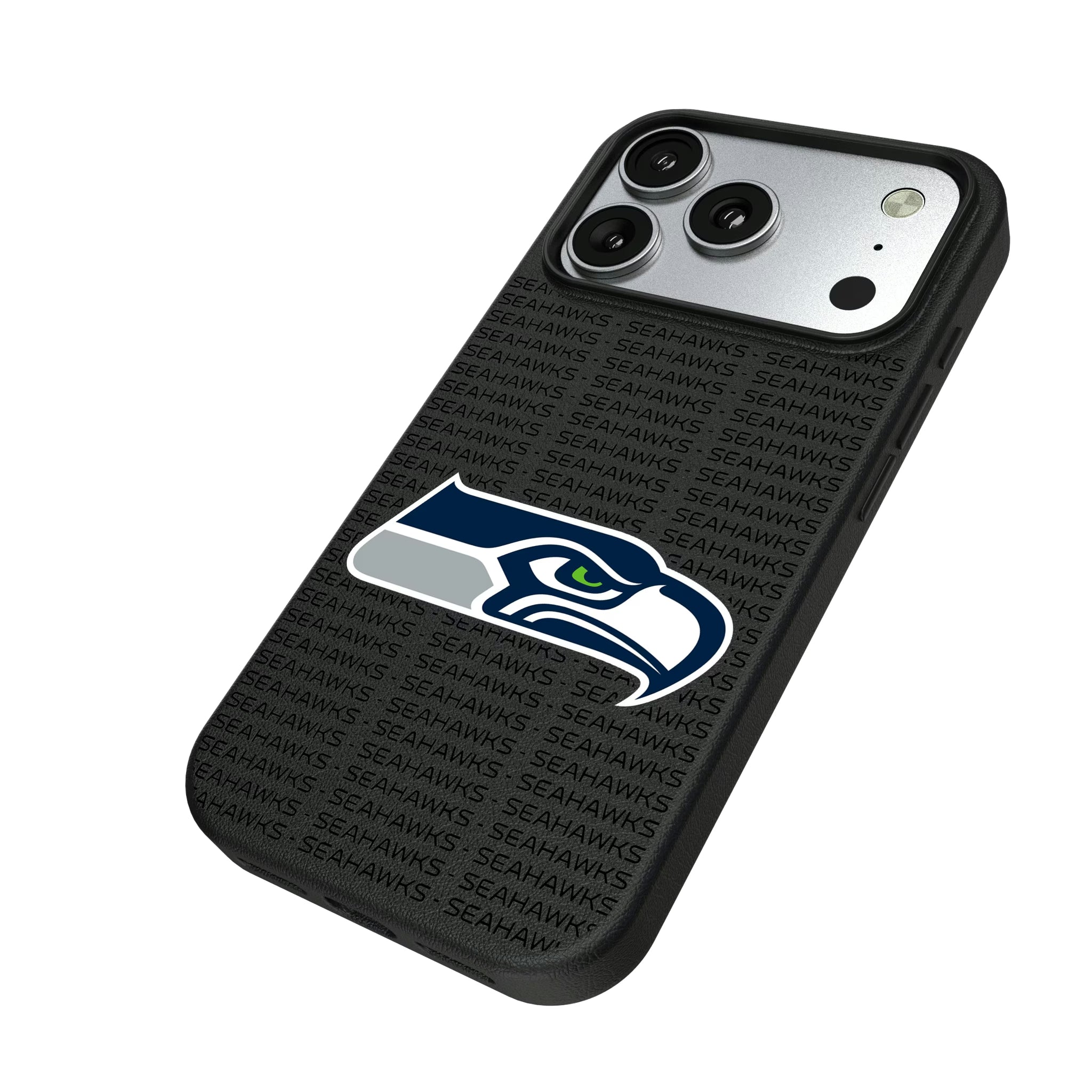 Seattle Seahawks Text Backdrop iPhone MagSafe Compatible Phone Case for Apple iPhone - Isometric View#Device_iPhone 17 Pro