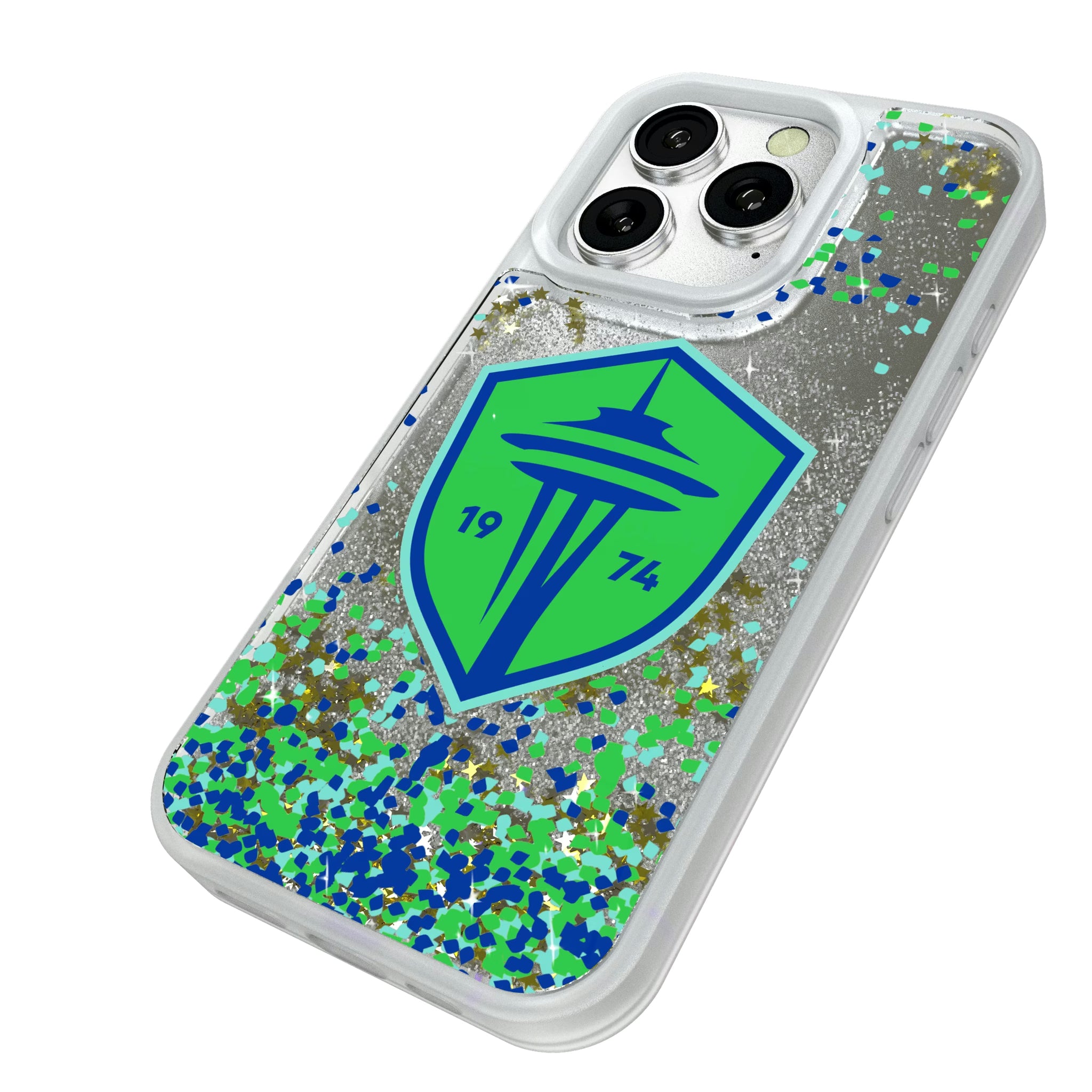 Seattle Sounders FC Confetti iPhone Glitter Phone Case for Apple iPhone - Isometric View#Device_iPhone 16 Pro