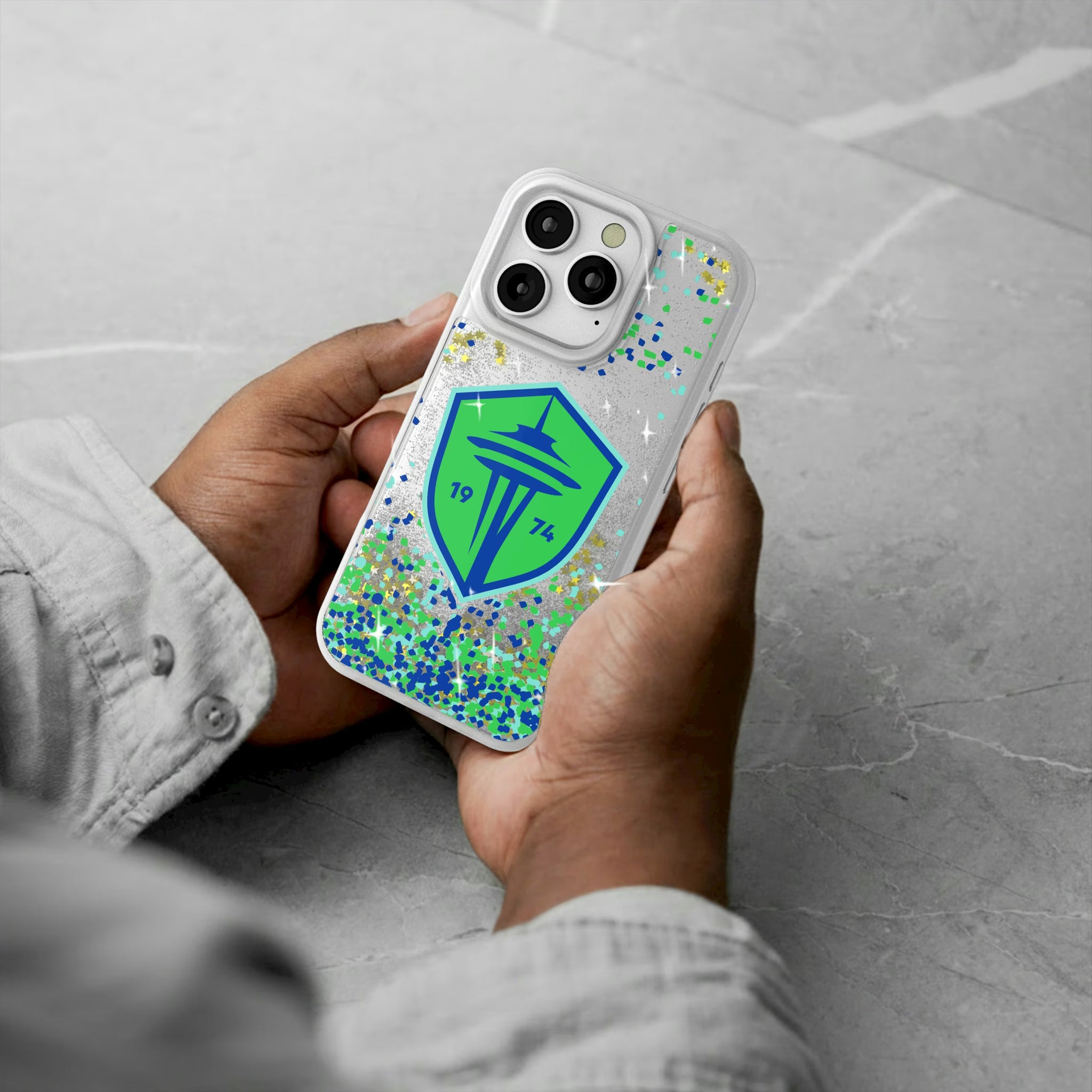 Seattle Sounders FC Confetti iPhone Glitter Phone Case for Apple iPhone - Lifestyle#Device_iPhone 16 Pro