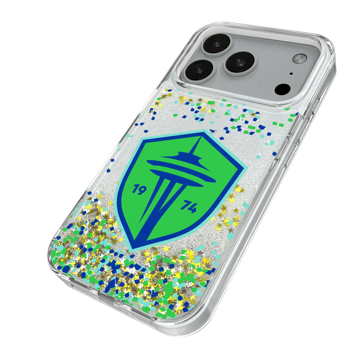 Seattle Sounders FC Confetti iPhone Glitter Phone Case for Apple iPhone - Isometric View#Device_iPhone 18 Pro