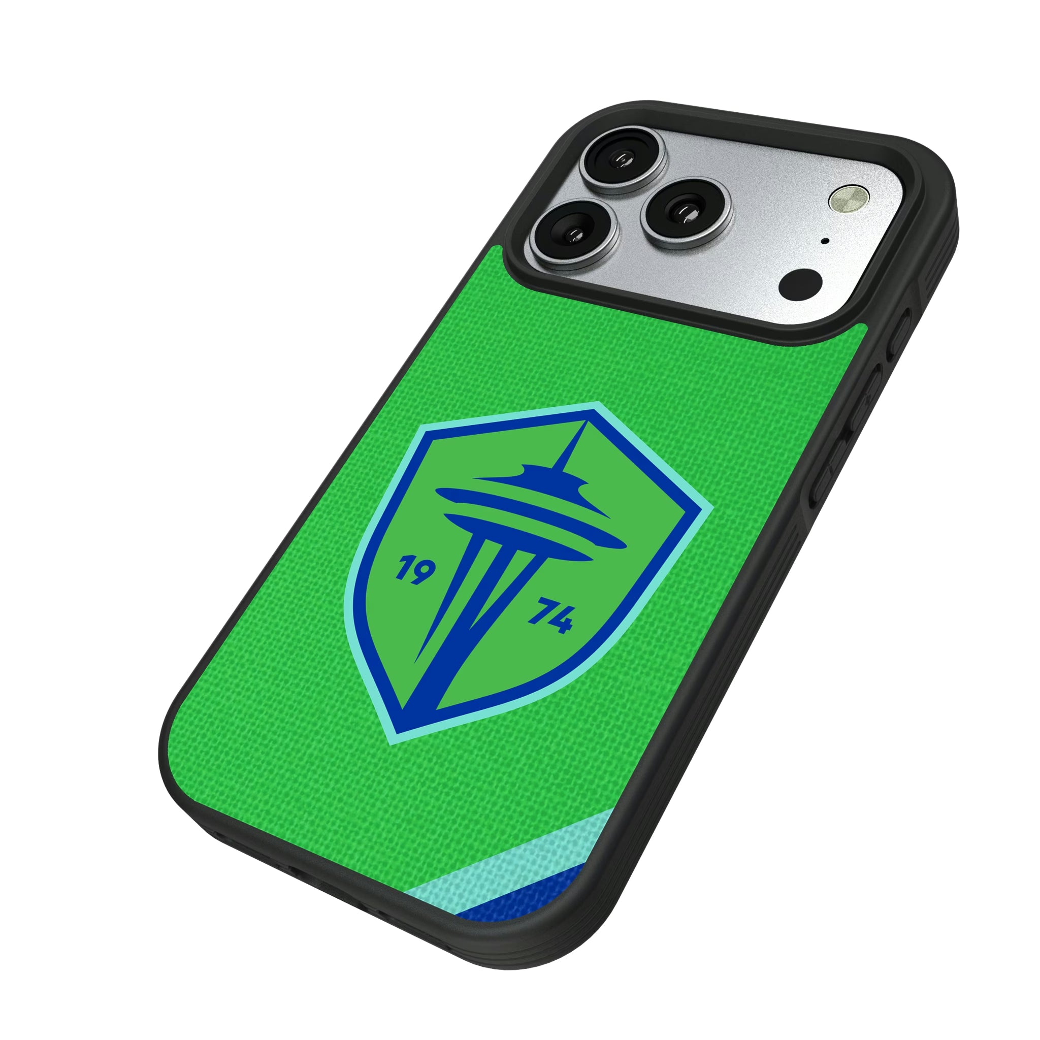 Seattle Sounders FC Diagonal Stripe iPhone Bump Phone Case for Apple iPhone - Isometric View#Device_iPhone 17 Pro