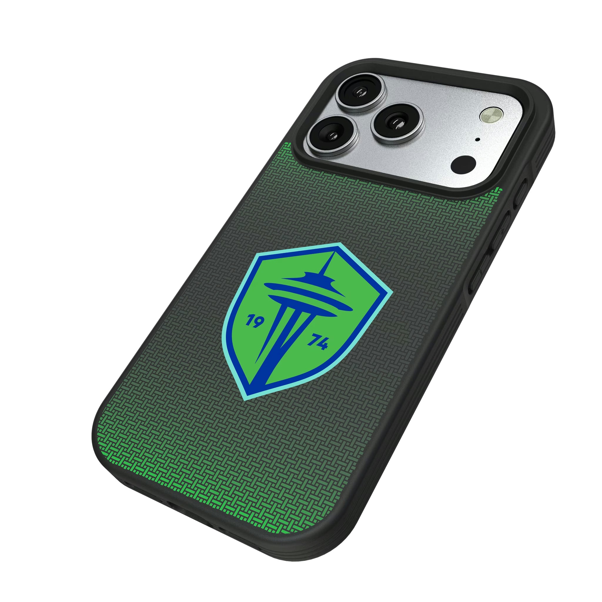 Seattle Sounders FC Linen iPhone Bump Phone Case for Apple iPhone - Isometric View#Device_iPhone 17 Pro