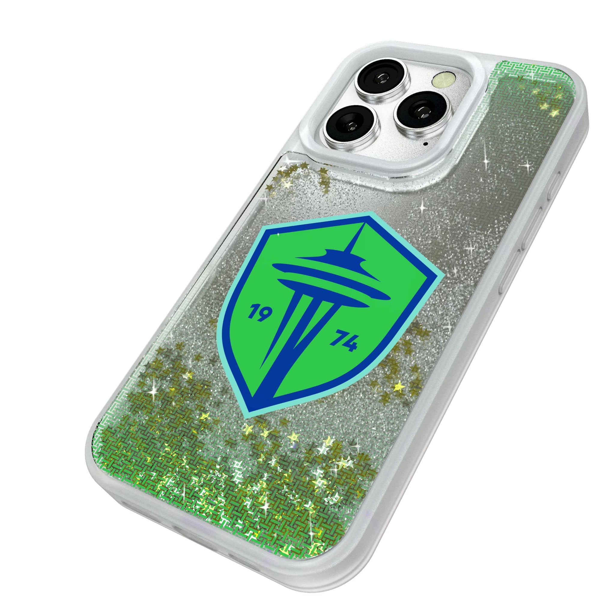 Seattle Sounders FC Linen iPhone Glitter Phone Case for Apple iPhone - Isometric View#Device_iPhone 16 Pro