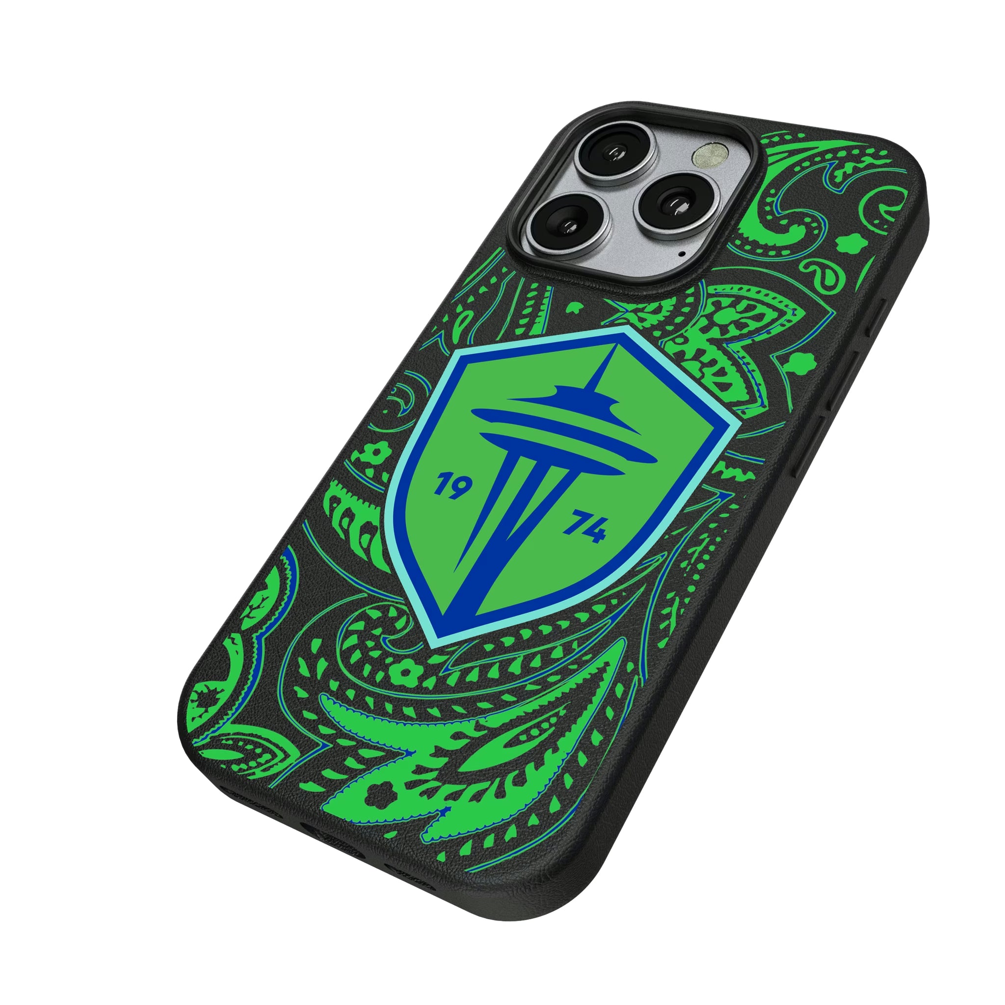 Seattle Sounders FC Paisley iPhone MagSafe Compatible Phone Case for Apple iPhone - Isometric View