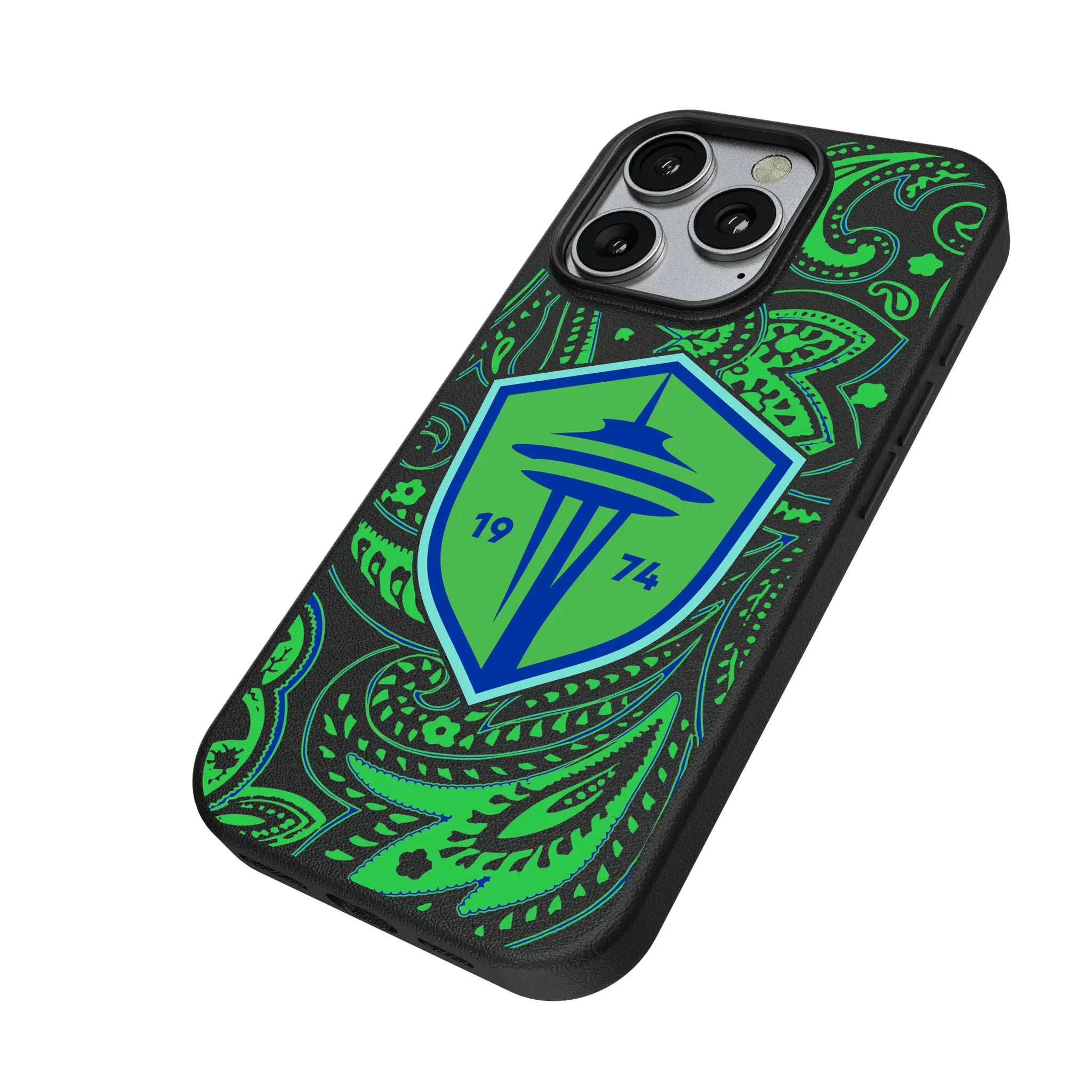 Seattle Sounders FC Paisley iPhone MagSafe Compatible Phone Case for Apple iPhone - Isometric View