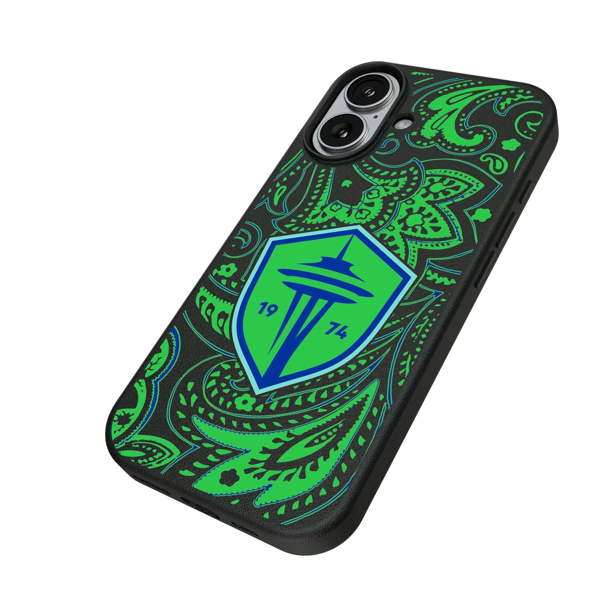 Seattle Sounders FC Paisley iPhone MagSafe Compatible Phone Case for Apple iPhone - Isometric View#Device_iPhone 17