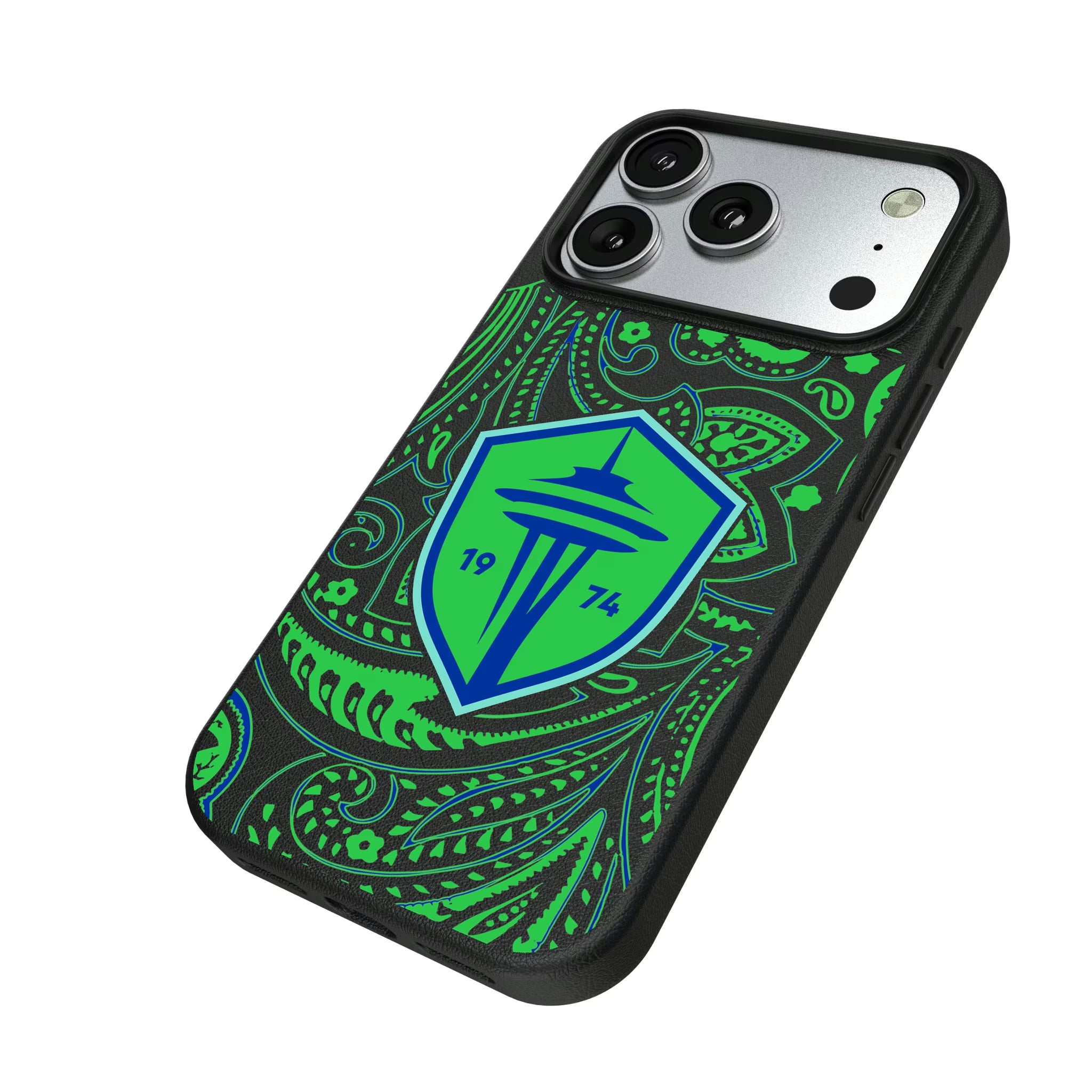 Seattle Sounders FC Paisley iPhone MagSafe Compatible Phone Case for Apple iPhone - Isometric View#Device_iPhone 17 Pro