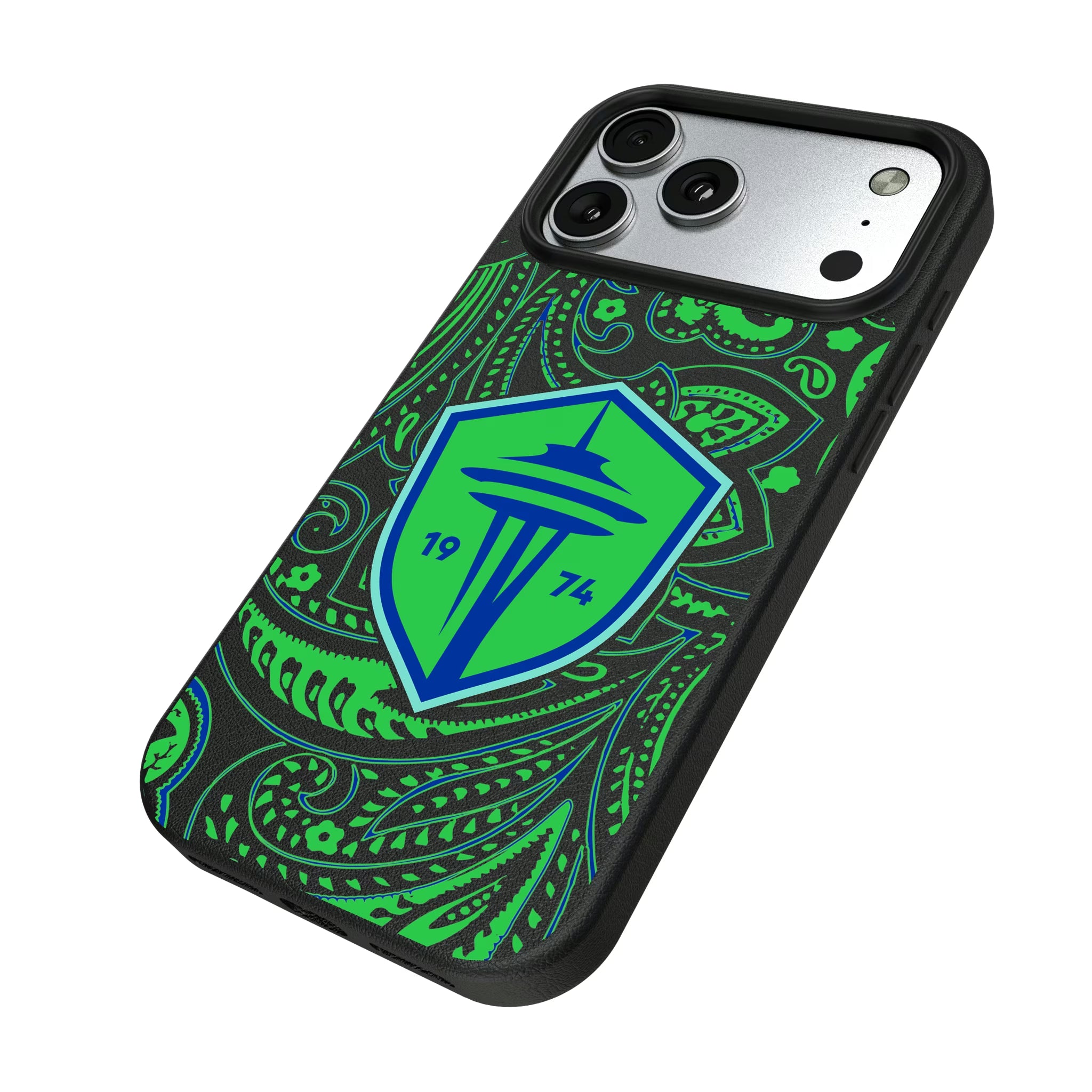 Seattle Sounders FC Paisley iPhone MagSafe Compatible Phone Case for Apple iPhone - Isometric View#Device_iPhone 17 Pro Max