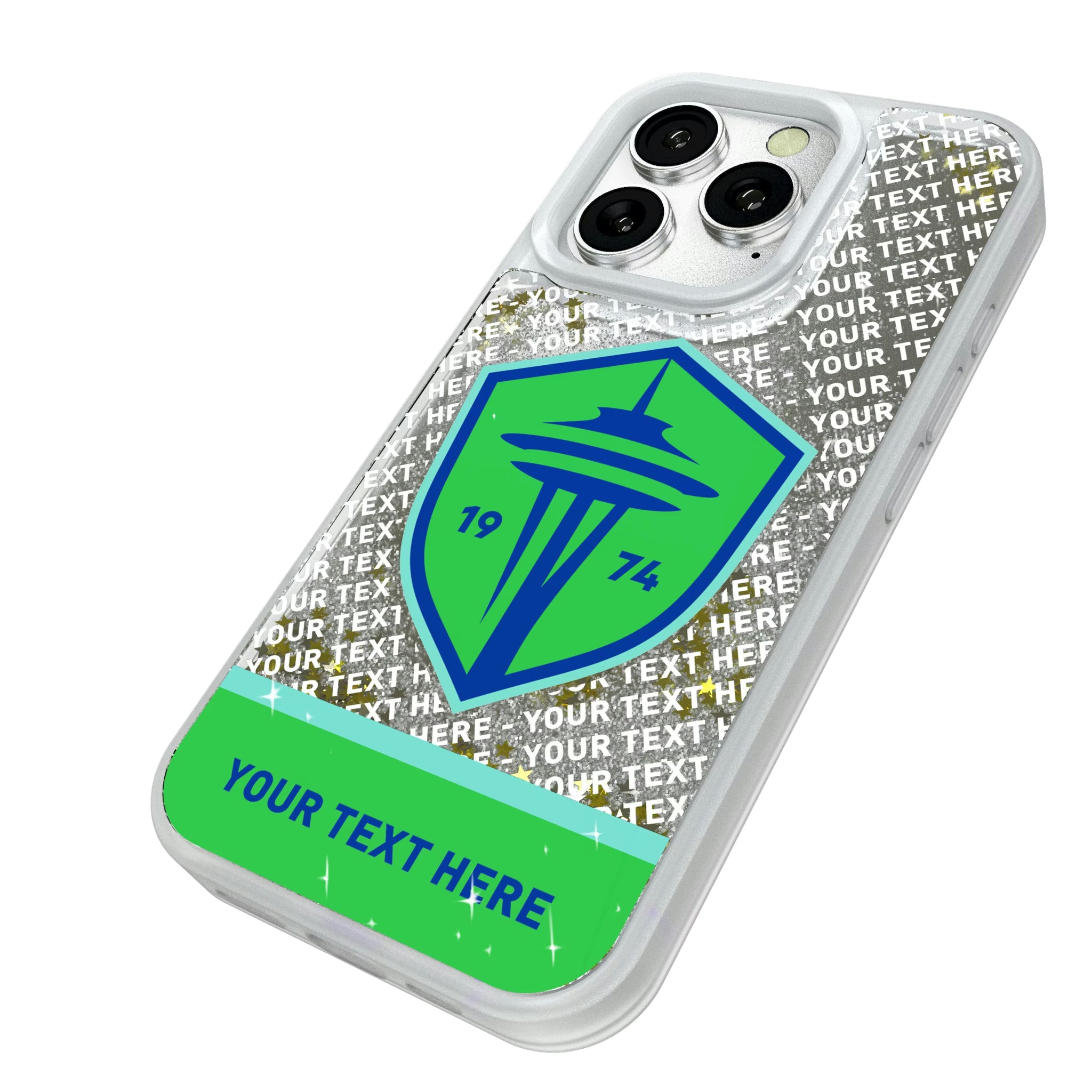 Seattle Sounders FC Personalized EndZone Plus iPhone Glitter Phone Case for Apple iPhone - Isometric View#Device_iPhone 16 Pro