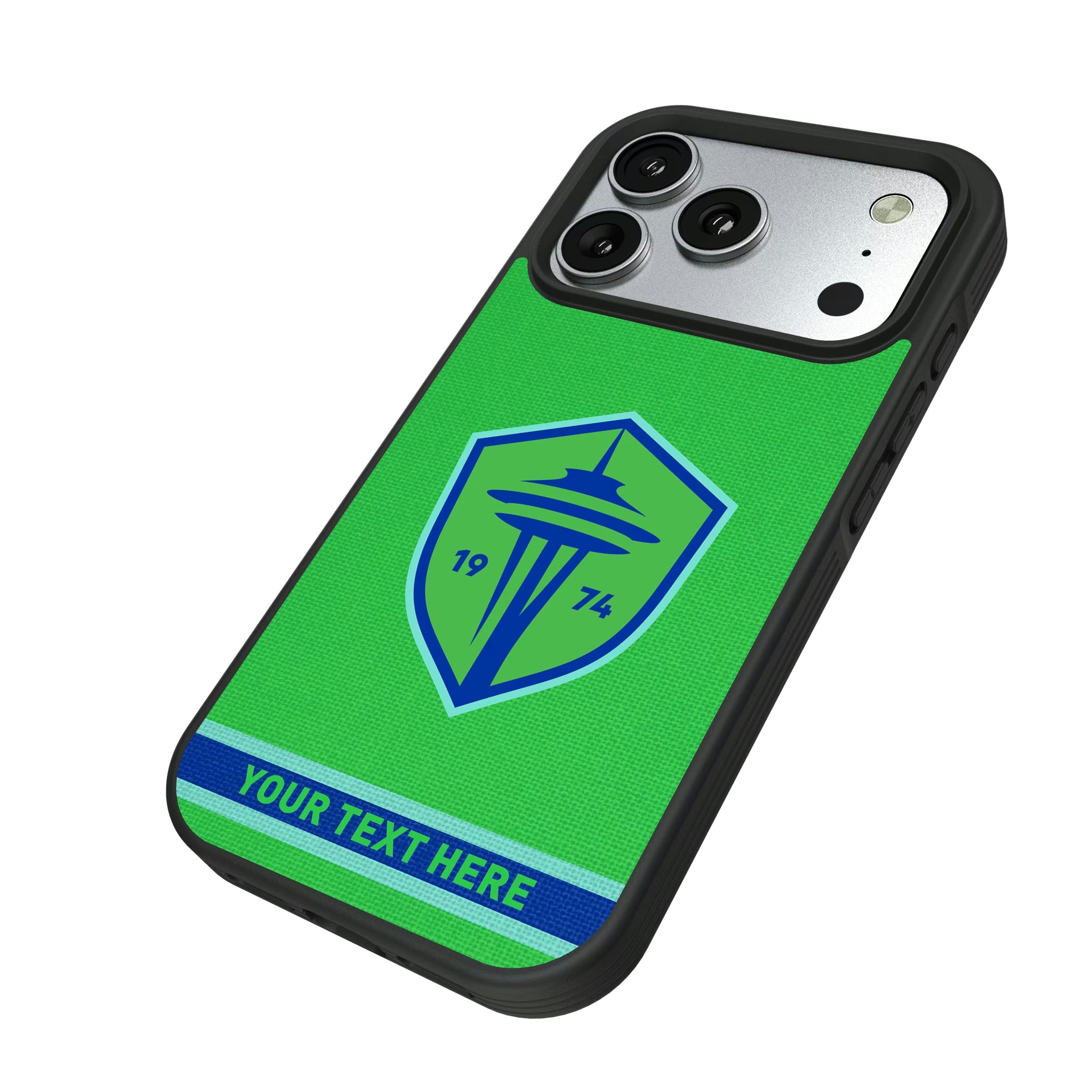 Seattle Sounders FC Personalized Stripe iPhone Bump Phone Case for Apple iPhone - Isometric View#Device_iPhone 17 Pro