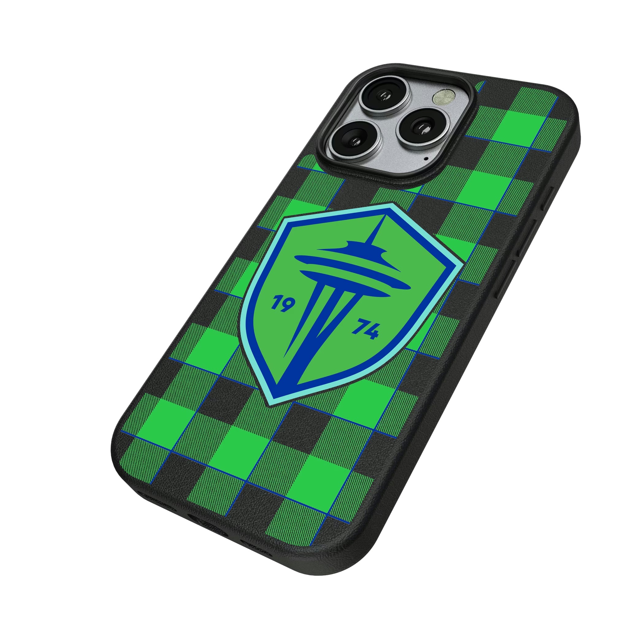 Seattle Sounders FC Plaid iPhone MagSafe Compatible Phone Case for Apple iPhone - Isometric View