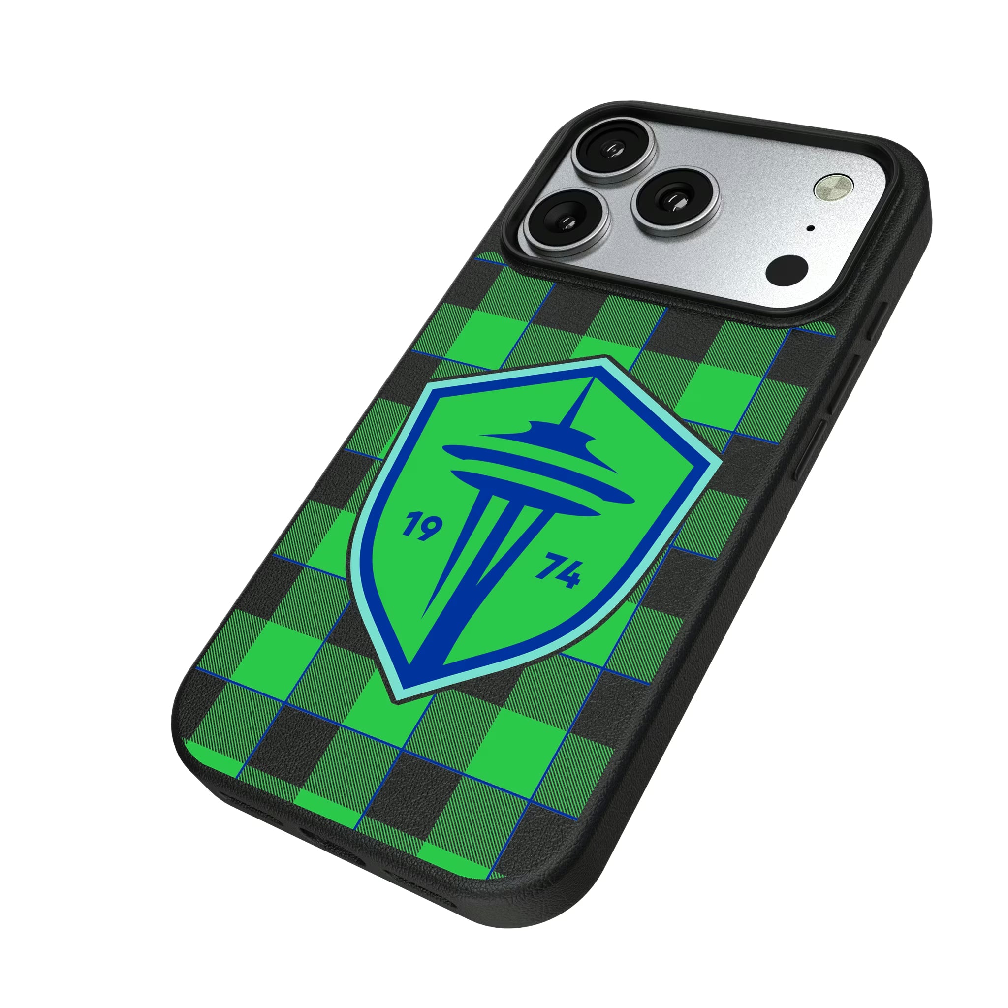 Seattle Sounders FC Plaid iPhone MagSafe Compatible Phone Case for Apple iPhone - Isometric View#Device_iPhone 17 Pro