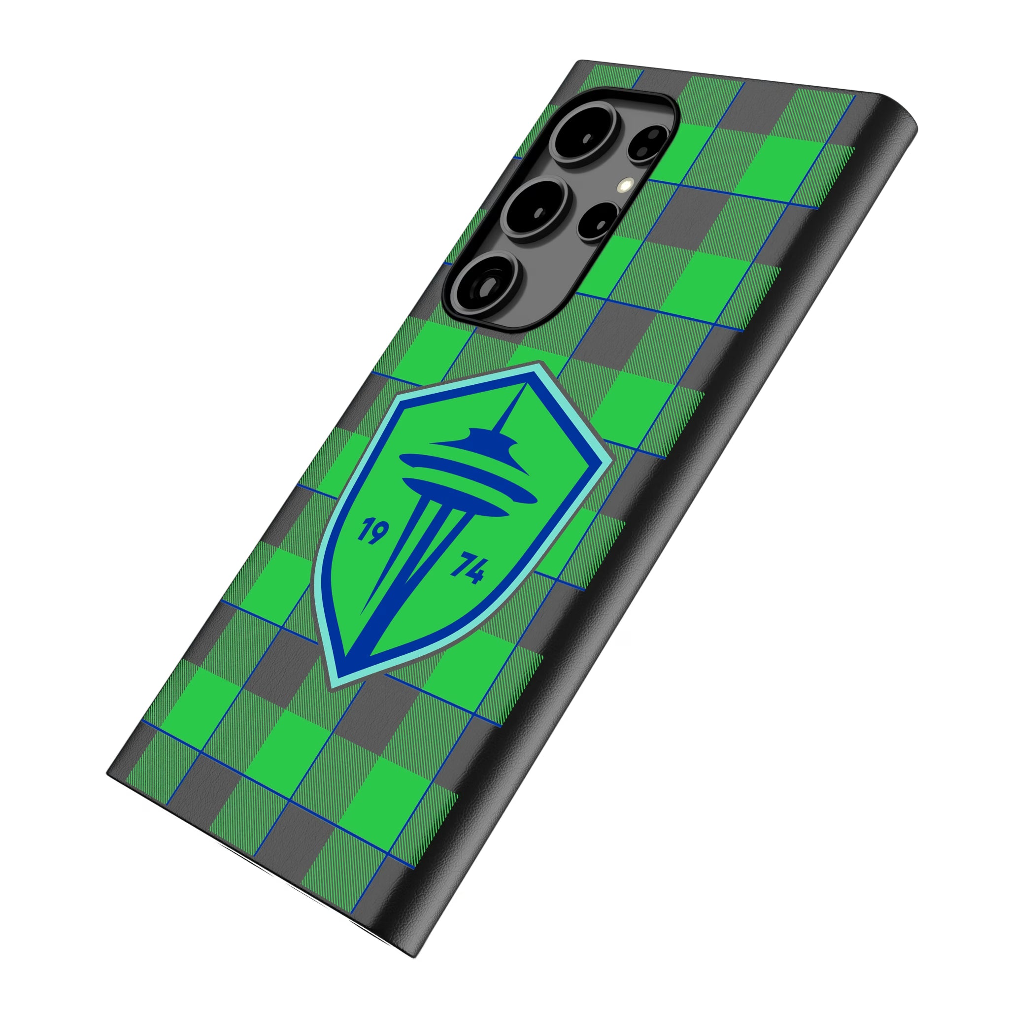 Seattle Sounders FC Plaid Galaxy MagSafe Compatible Phone Case for Samsung Galaxy - Isometric View