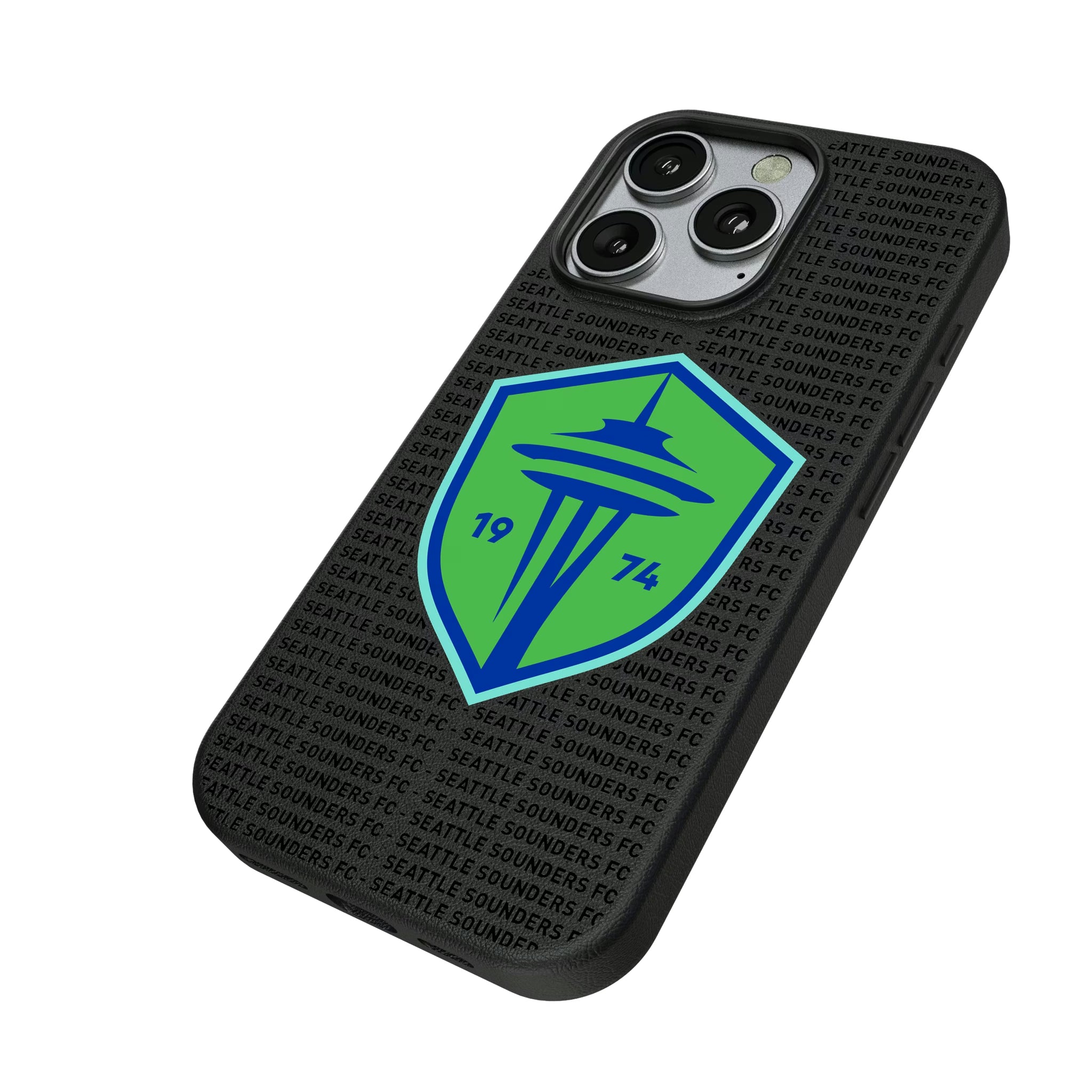 Seattle Sounders FC Text Backdrop iPhone MagSafe Compatible Phone Case for Apple iPhone - Isometric View