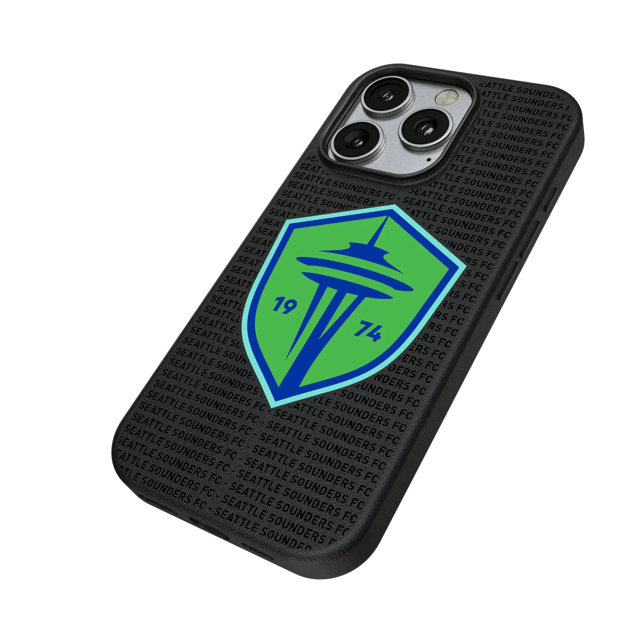 Seattle Sounders FC Text Backdrop iPhone MagSafe Compatible Phone Case for Apple iPhone - Isometric View