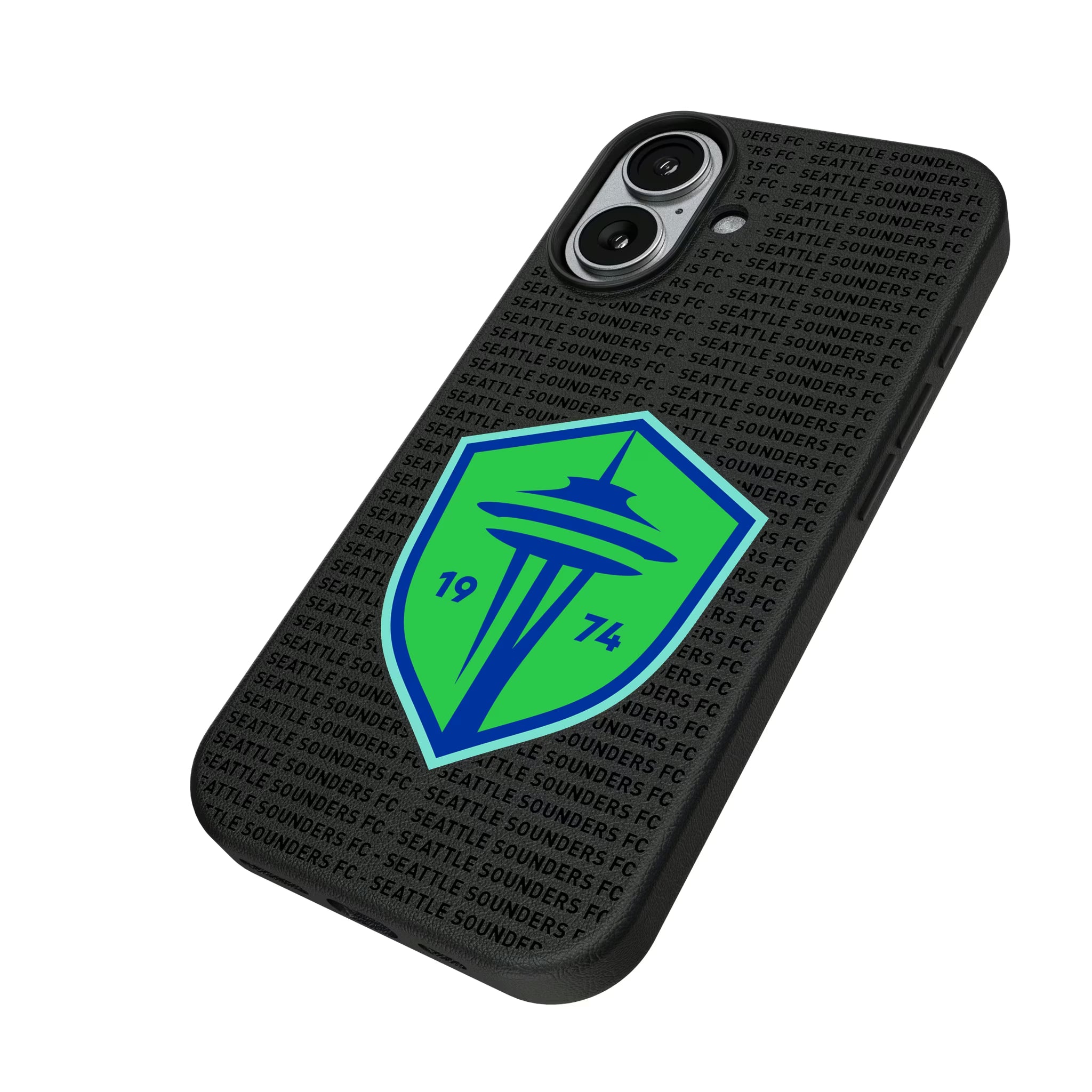 Seattle Sounders FC Text Backdrop iPhone MagSafe Compatible Phone Case for Apple iPhone - Isometric View#Device_iPhone 17