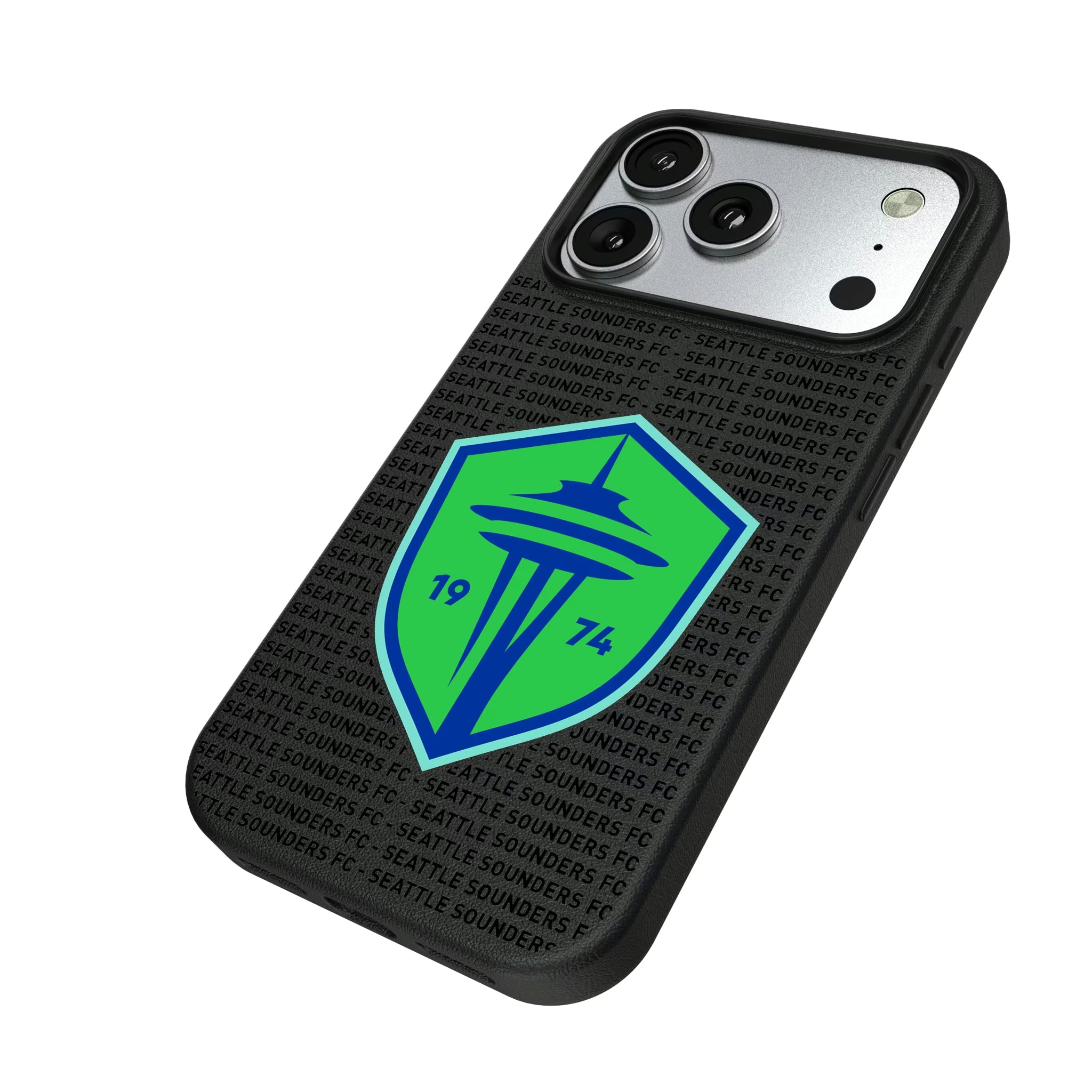 Seattle Sounders FC Text Backdrop iPhone MagSafe Compatible Phone Case for Apple iPhone - Isometric View#Device_iPhone 17 Pro