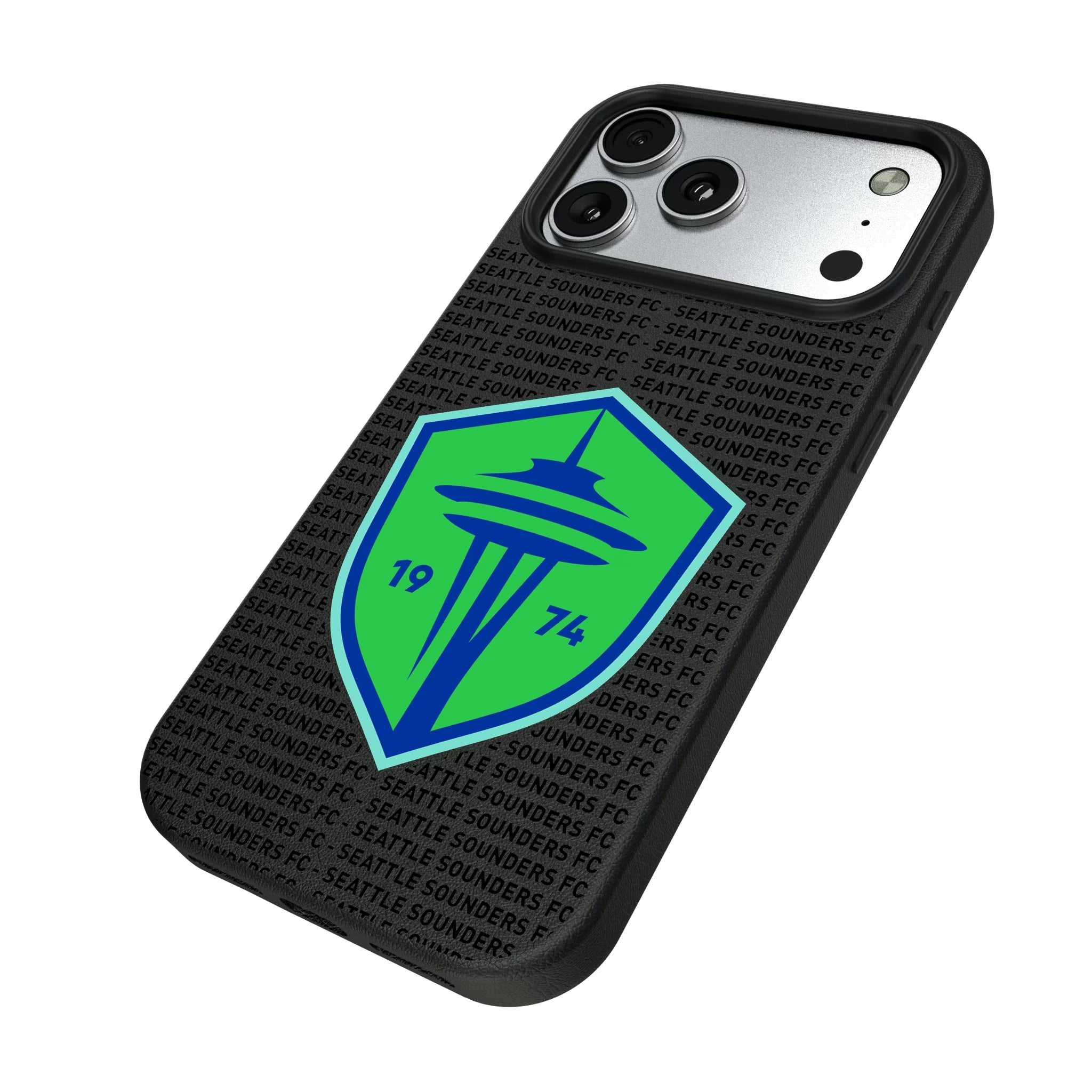 Seattle Sounders FC Text Backdrop iPhone MagSafe Compatible Phone Case for Apple iPhone - Isometric View#Device_iPhone 17 Pro Max