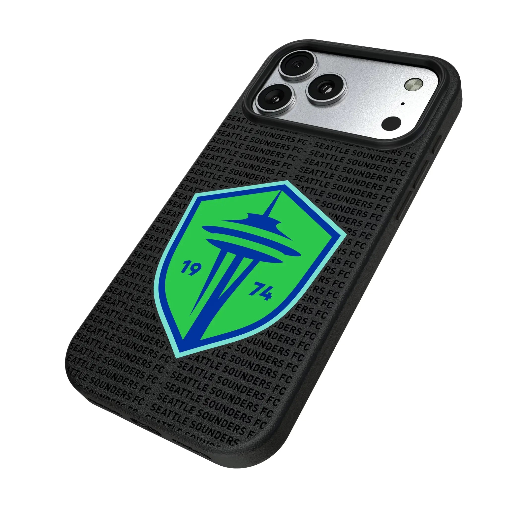 Seattle Sounders FC Text Backdrop iPhone MagSafe Compatible Phone Case for Apple iPhone - Isometric View#Device_iPhone 17 Pro Max
