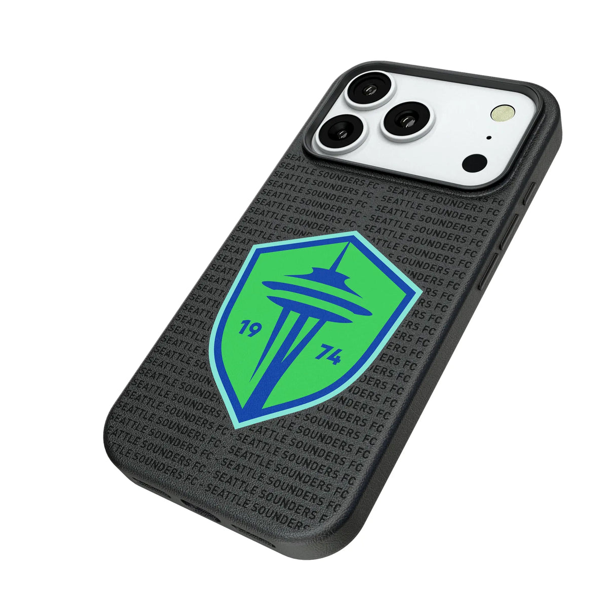 Seattle Sounders FC Text Backdrop iPhone MagSafe Compatible Phone Case for Apple iPhone - Isometric View#Device_iPhone 18 Pro
