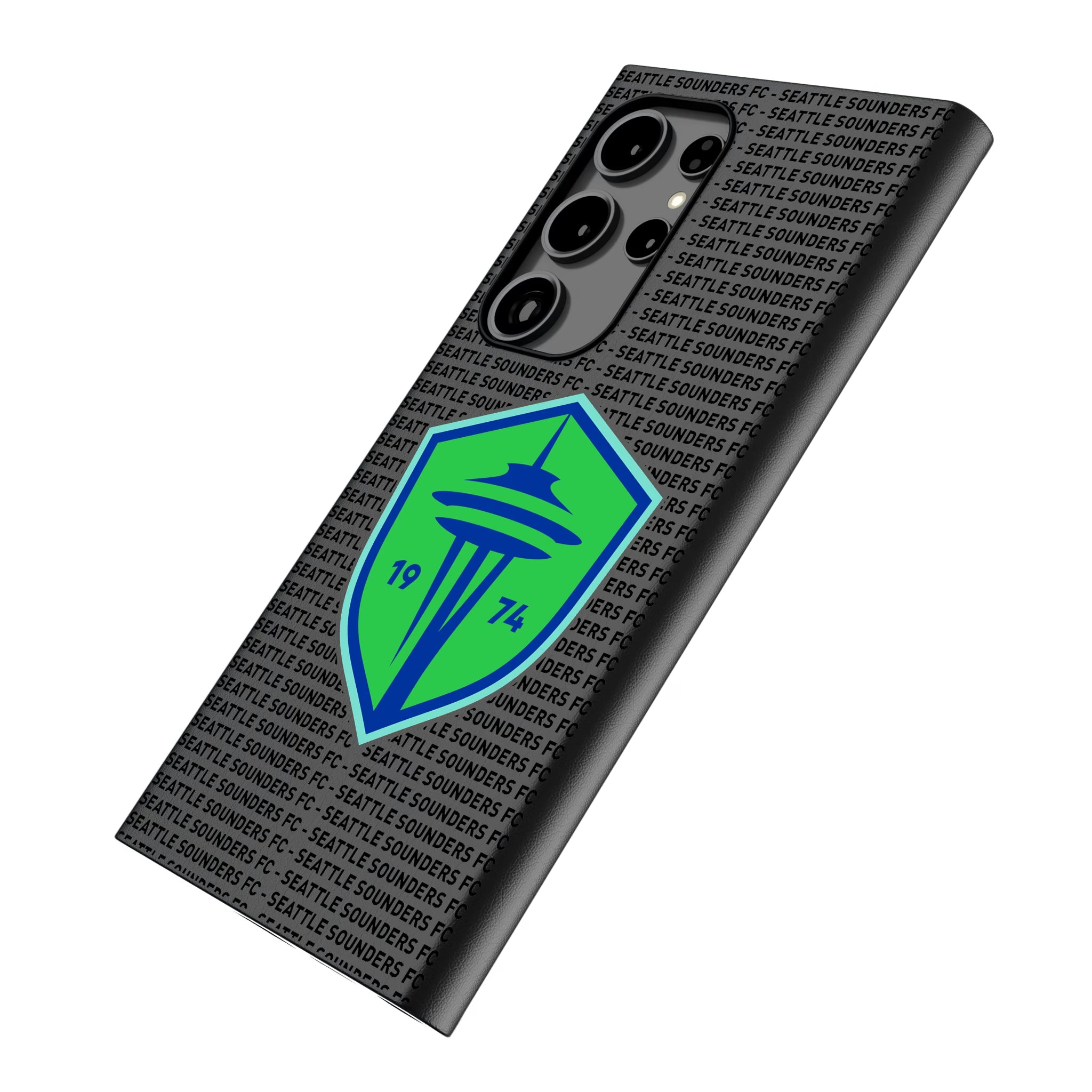 Seattle Sounders FC Text Backdrop Galaxy MagSafe Compatible Phone Case for Samsung Galaxy - Isometric View