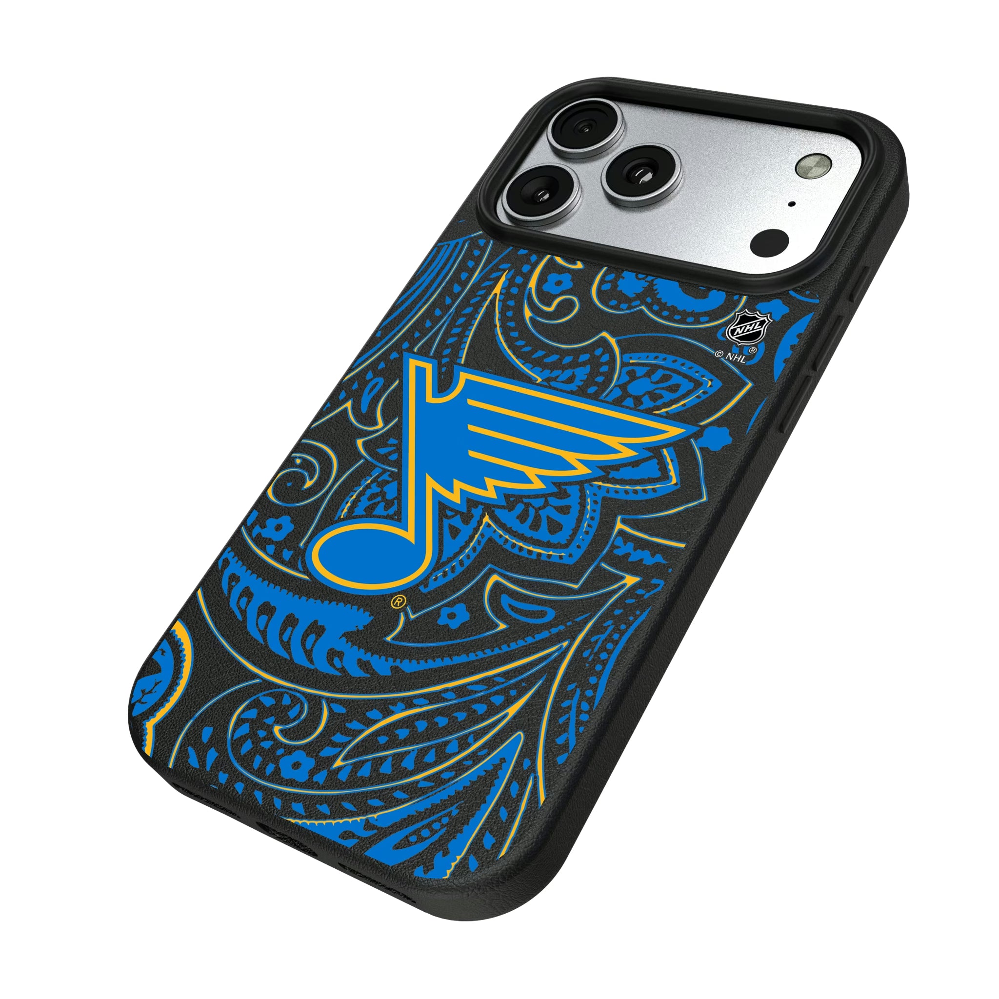 St. Louis Blues Paisley iPhone MagSafe Compatible Phone Case for Apple iPhone - Isometric View#Device_iPhone 17 Pro Max