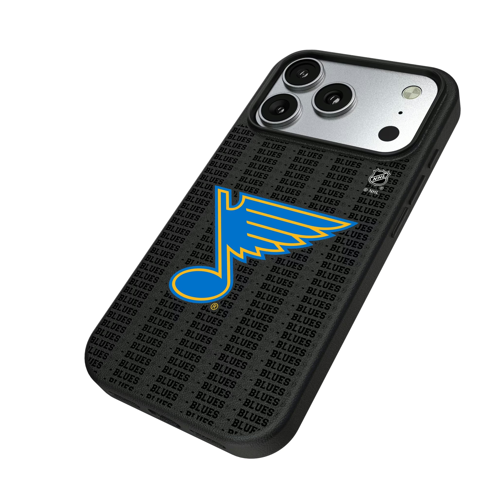 St. Louis Blues Text Backdrop iPhone MagSafe Compatible Phone Case for Apple iPhone - Isometric View#Device_iPhone 17 Pro