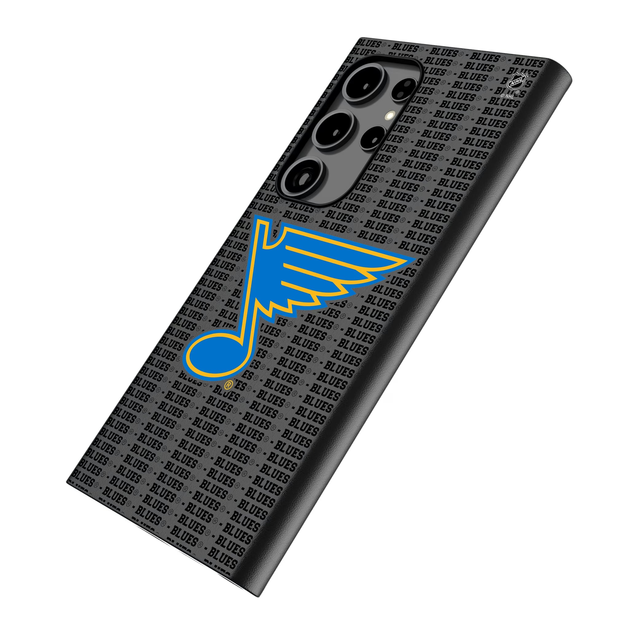 St. Louis Blues Text Backdrop Galaxy MagSafe Compatible Phone Case for Samsung Galaxy - Isometric View