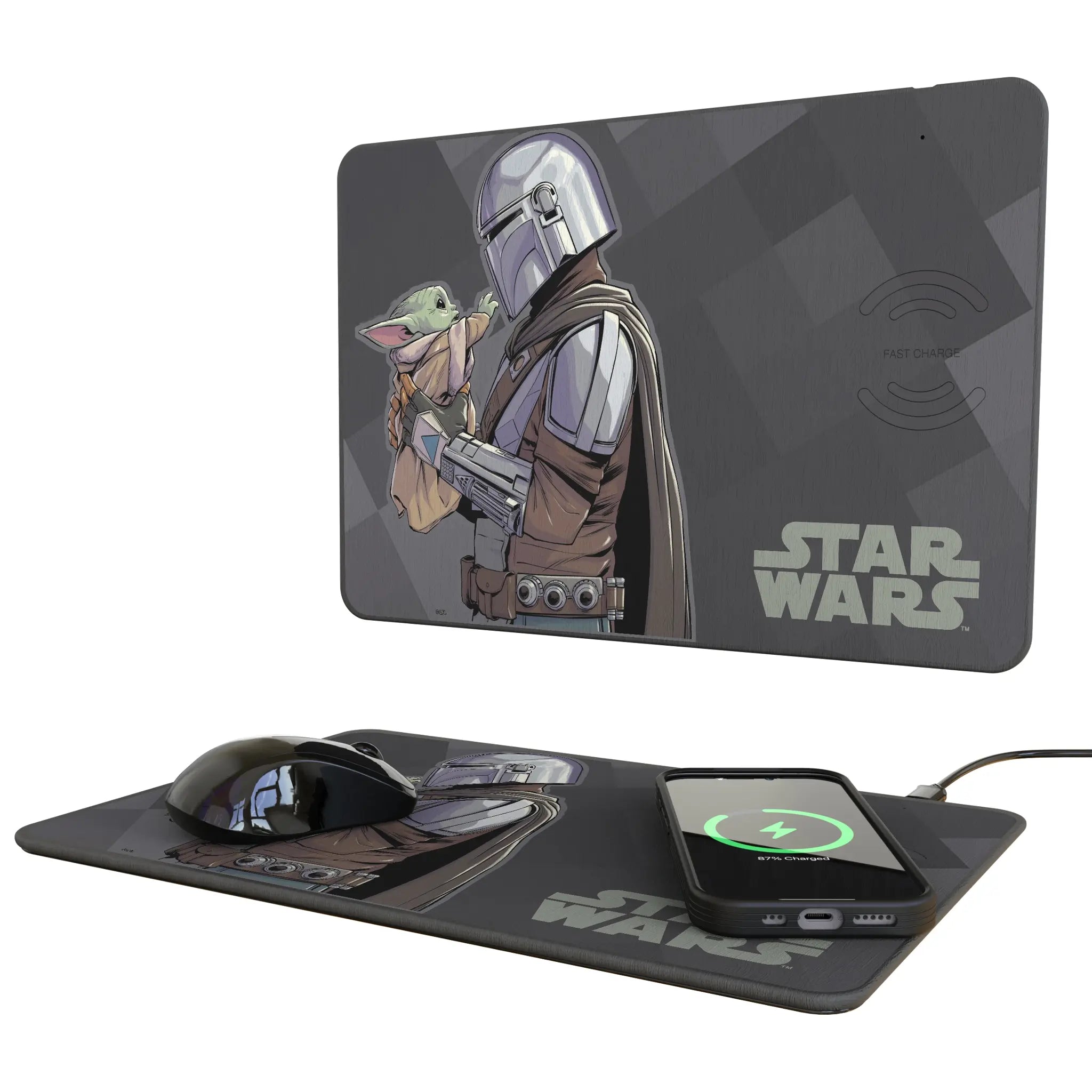 Star Wars: The Mandalorian Grogu and Din Djarin Color Block 15-Watt Wireless Charger and Mouse Pad