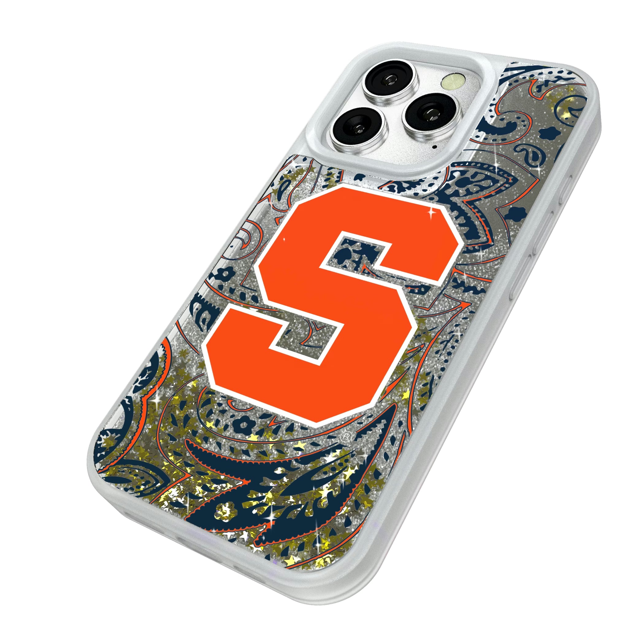 Syracuse University Orange Paisley iPhone Glitter Phone Case for Apple iPhone - Isometric View#Device_iPhone 16 Pro