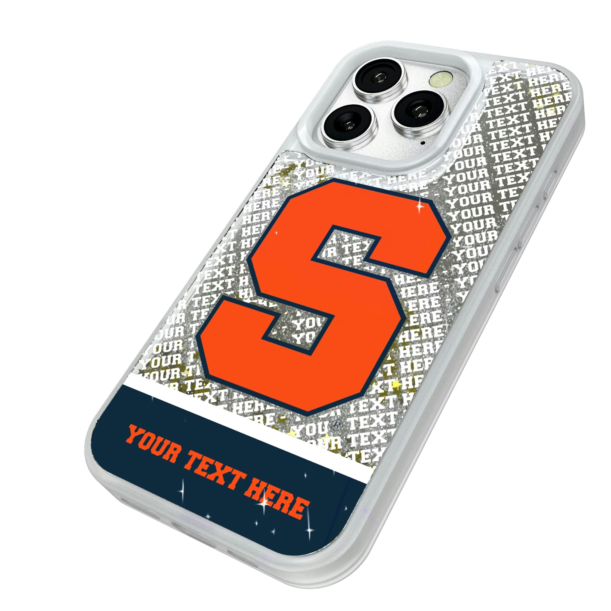 Syracuse University Orange Personalized EndZone Plus iPhone Glitter Phone Case for Apple iPhone - Isometric View#Device_iPhone 16 Pro
