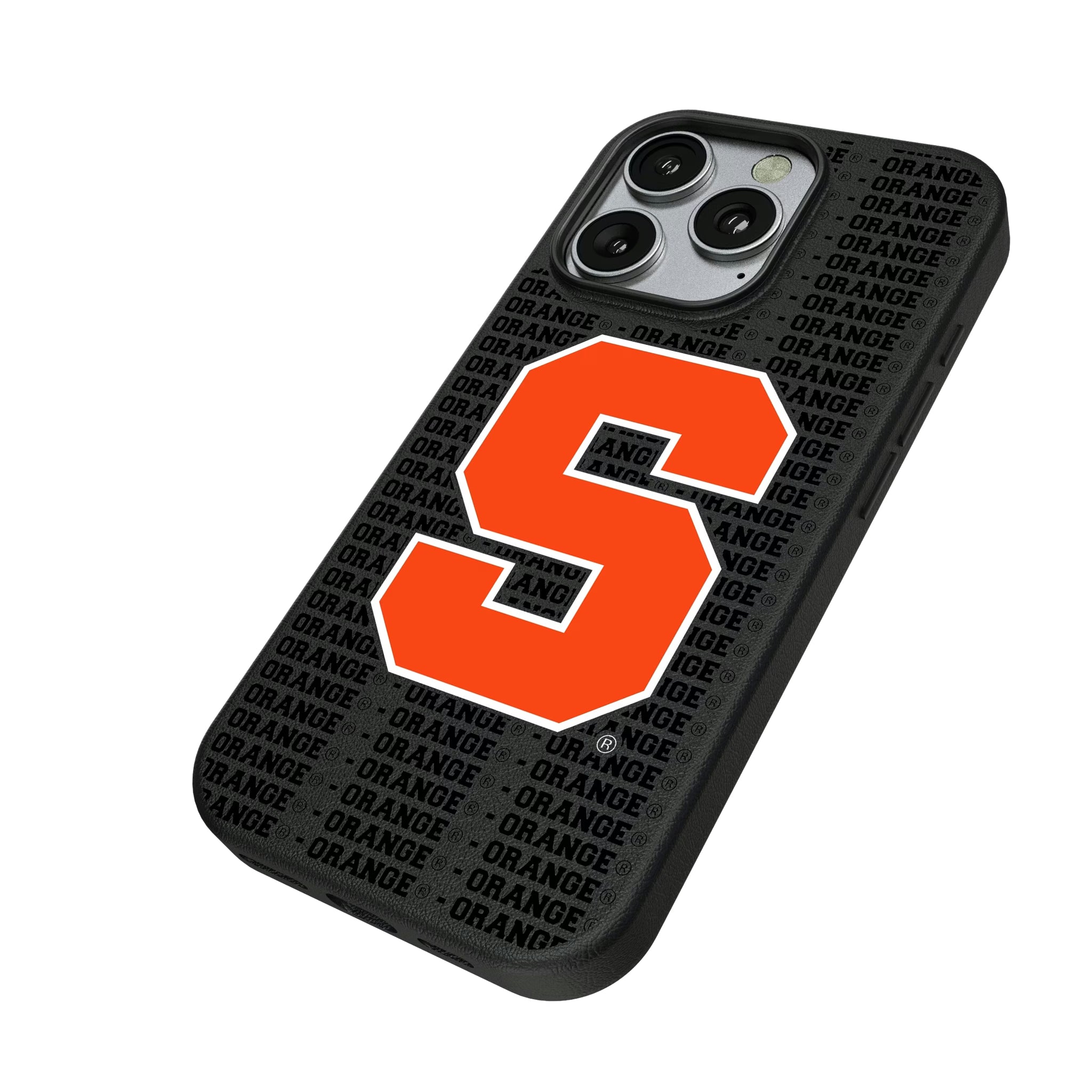 Syracuse University Orange Text Backdrop iPhone MagSafe Compatible Phone Case for Apple iPhone - Isometric View