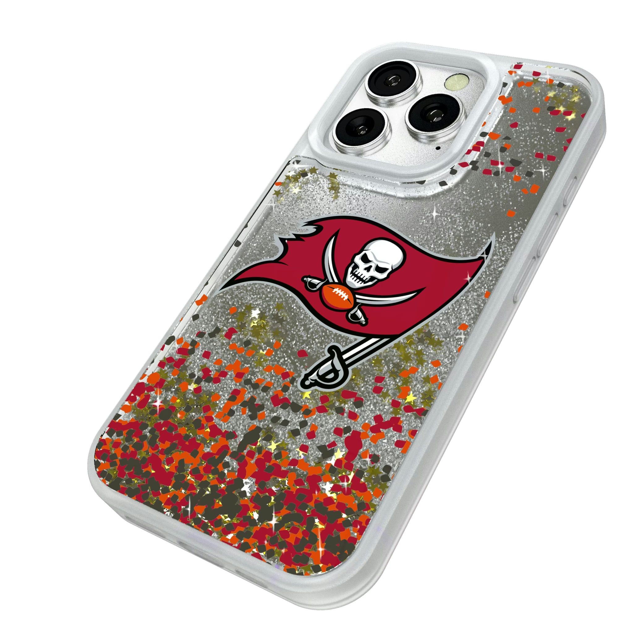 Tampa Bay Buccaneers Confetti iPhone Glitter Phone Case for Apple iPhone - Isometric View#Device_iPhone 16 Pro