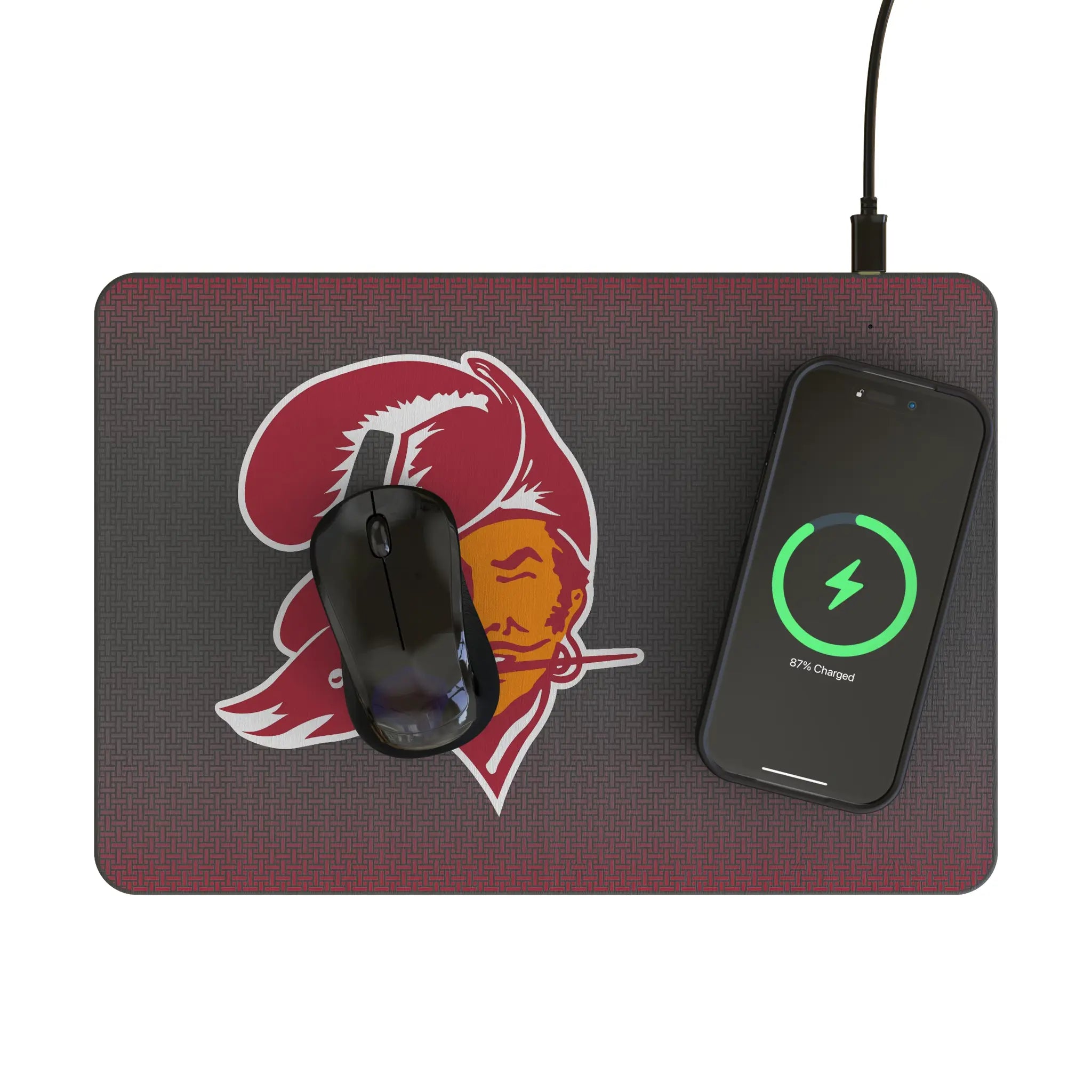 Tampa Bay Buccaneers Historic Collection Linen 15-Watt Wireless Charger and Mouse Pad - Lifestyle