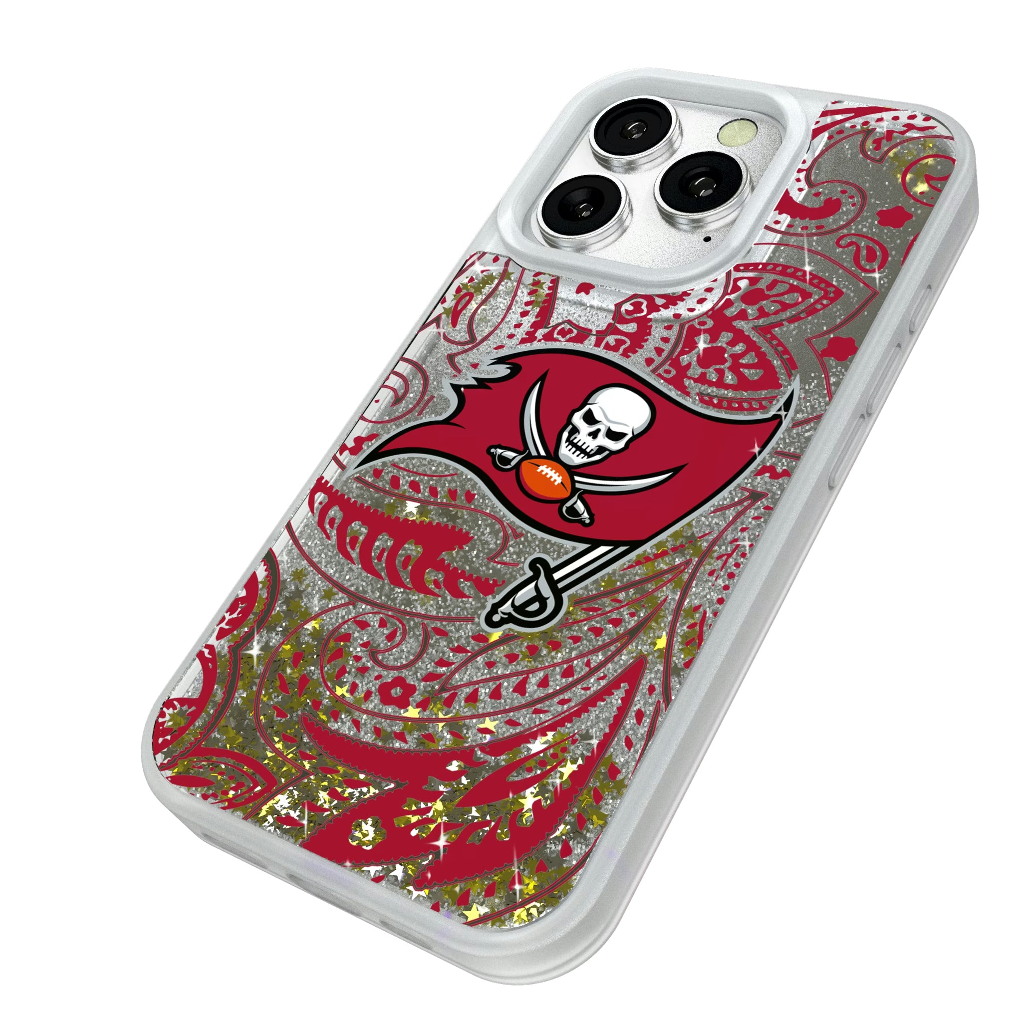 Tampa Bay Buccaneers Paisley iPhone Glitter Phone Case for Apple iPhone - Isometric View#Device_iPhone 16 Pro