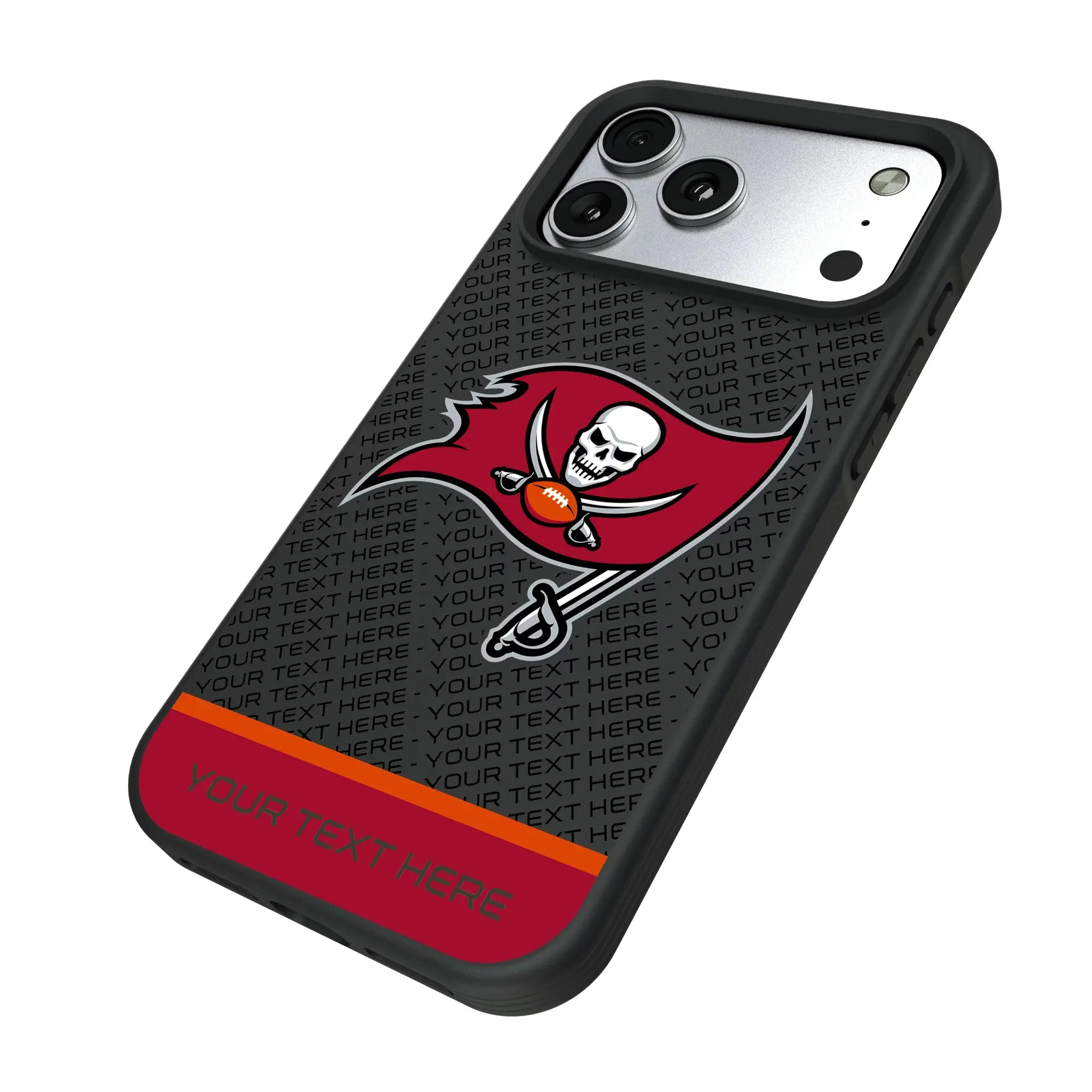 Tampa Bay Buccaneers Personalized EndZone Plus iPhone Bump Phone Case for Apple iPhone - Isometric View#Device_iPhone 17 Pro Max