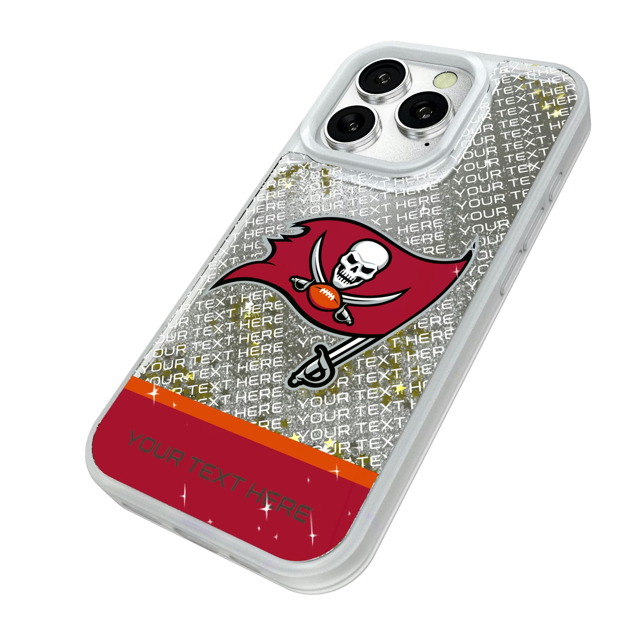 Tampa Bay Buccaneers Personalized EndZone Plus iPhone Glitter Phone Case for Apple iPhone - Isometric View#Device_iPhone 16 Pro