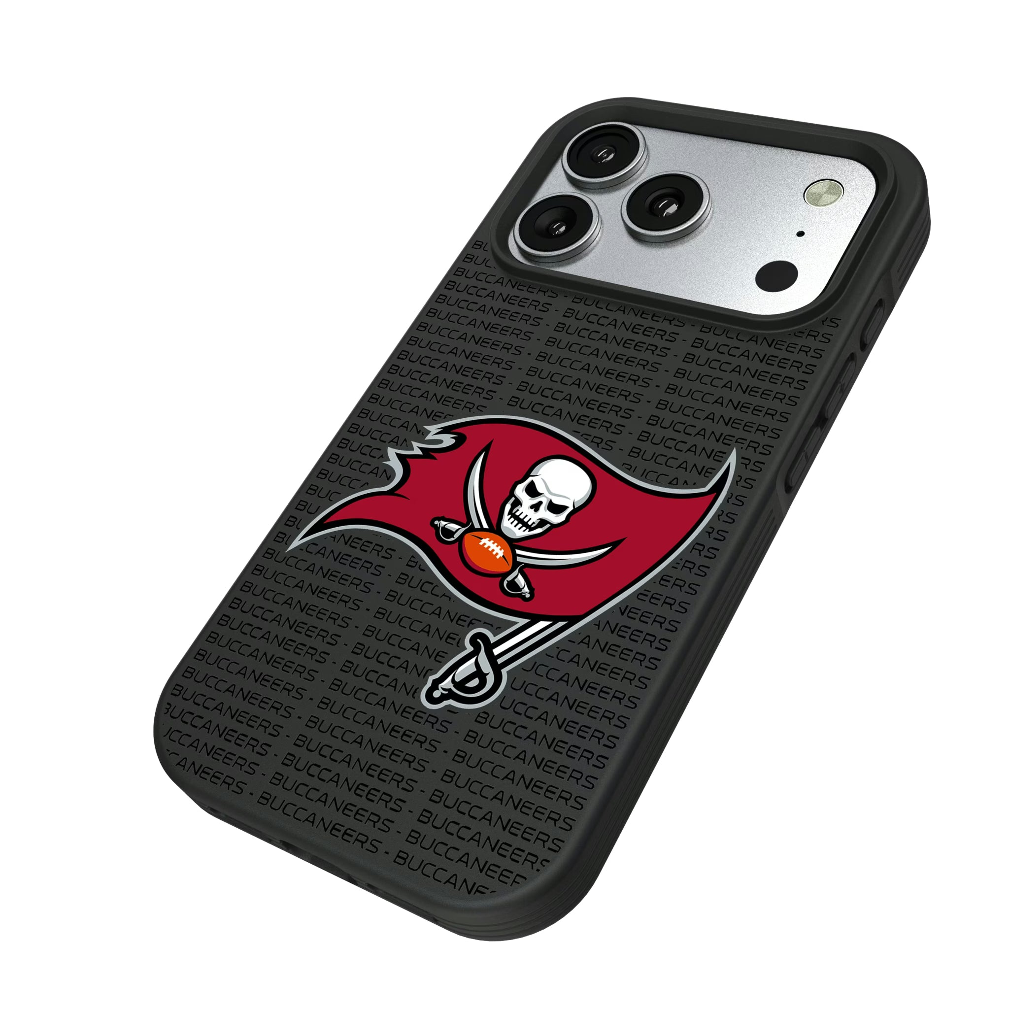 Tampa Bay Buccaneers Text Backdrop iPhone Bump Phone Case for Apple iPhone - Isometric View#Device_iPhone 17 Pro