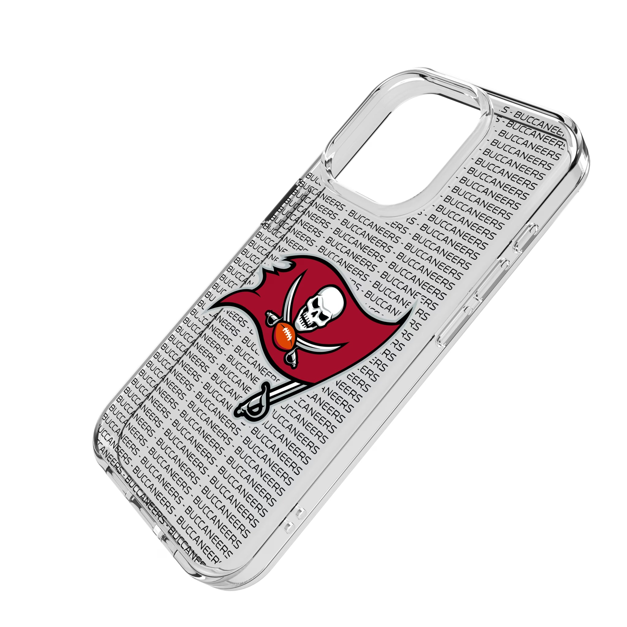 Tampa Bay Buccaneers Text Backdrop iPhone Clear Phone Case for Apple iPhone - Isometric View