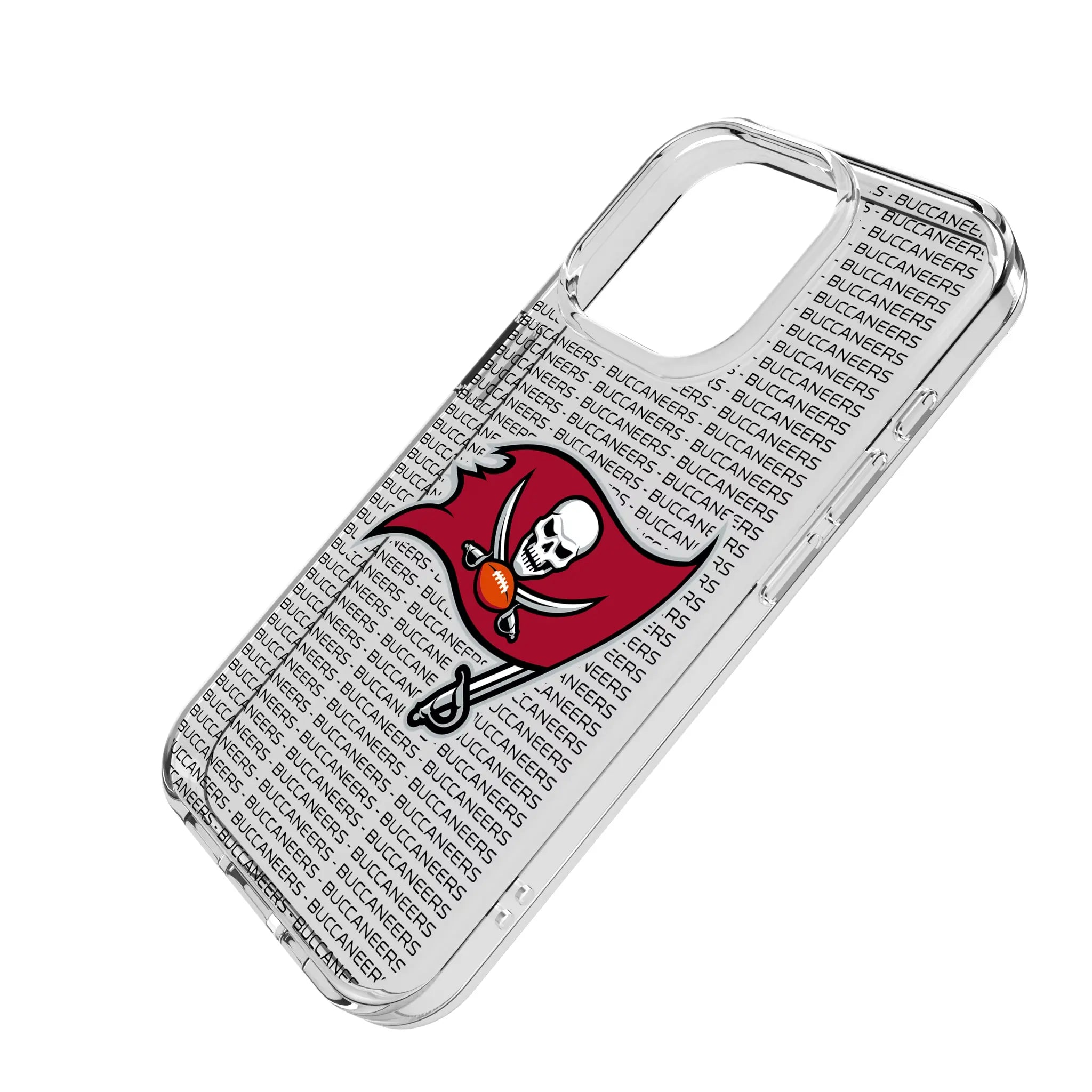 Tampa Bay Buccaneers Text Backdrop iPhone Clear Phone Case for Apple iPhone - Isometric View