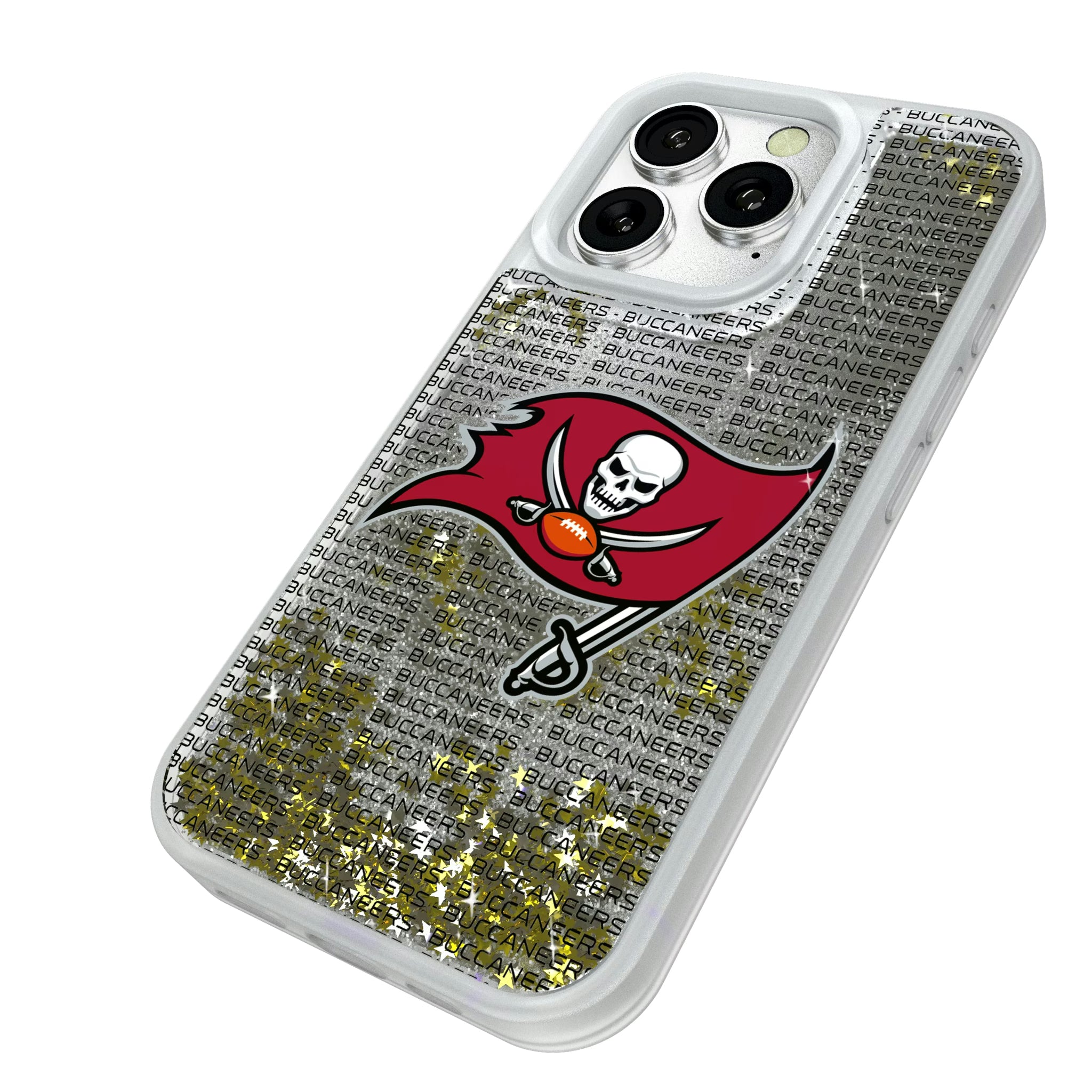 Tampa Bay Buccaneers Text Backdrop iPhone Glitter Phone Case for Apple iPhone - Isometric View#Device_iPhone 16 Pro