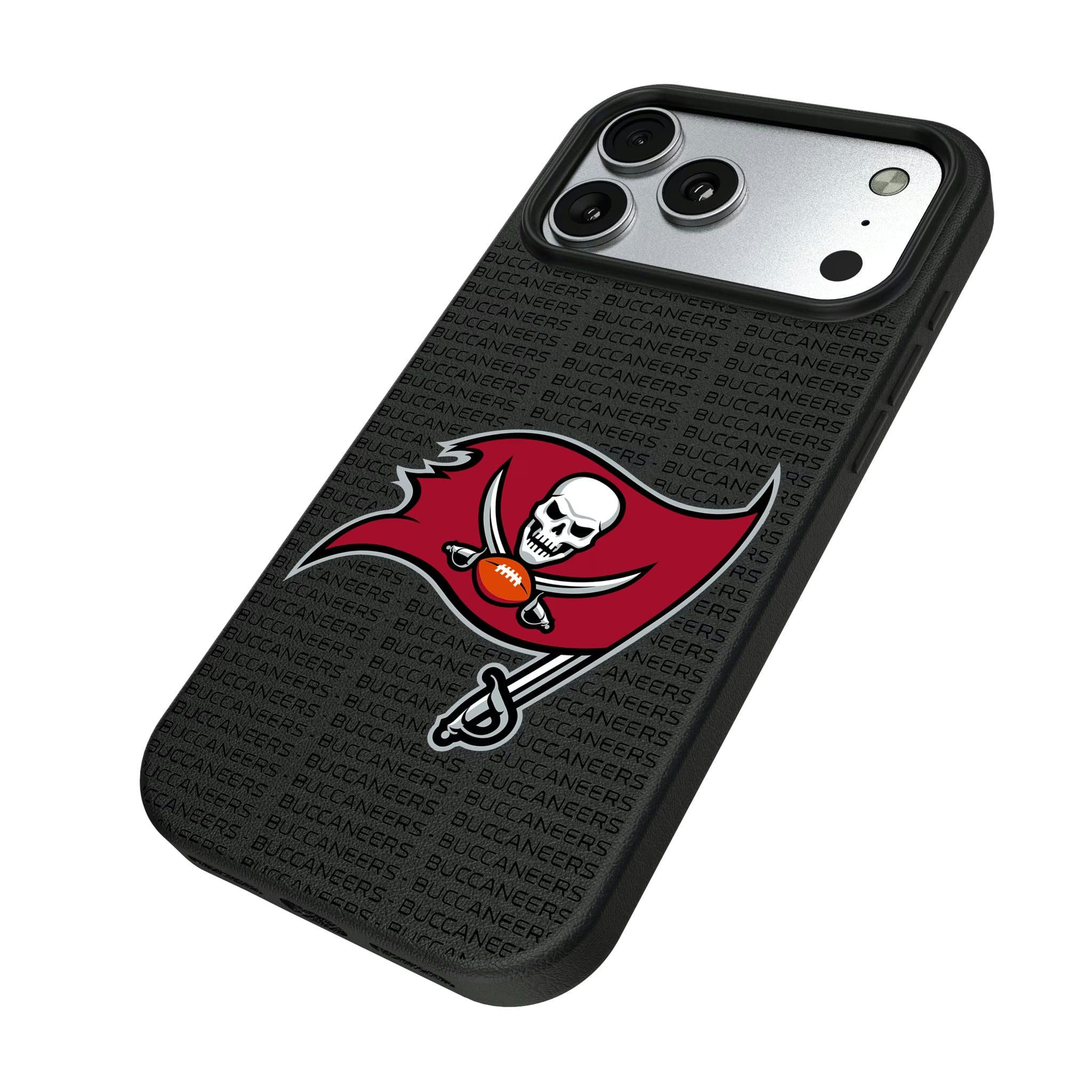 Tampa Bay Buccaneers Text Backdrop iPhone MagSafe Compatible Phone Case for Apple iPhone - Isometric View#Device_iPhone 17 Pro Max