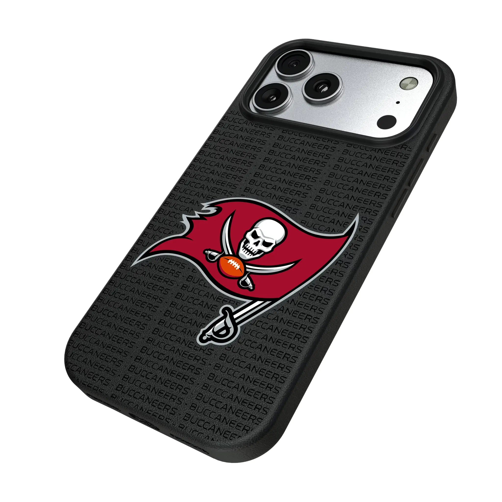 Tampa Bay Buccaneers Text Backdrop iPhone MagSafe Compatible Phone Case for Apple iPhone - Isometric View#Device_iPhone 17 Pro Max