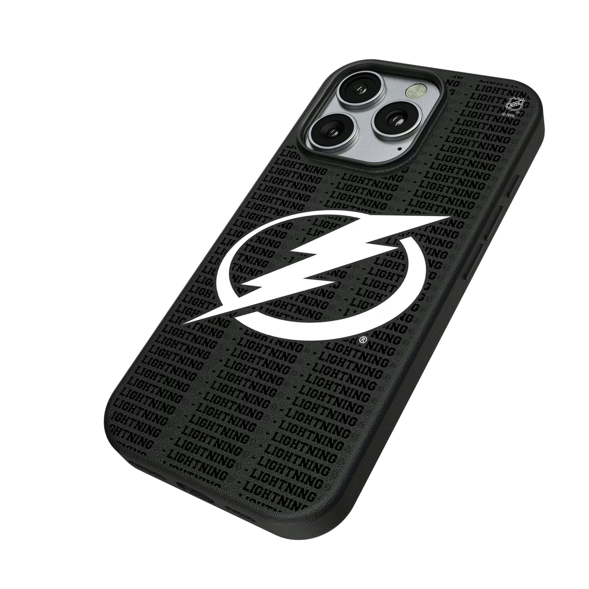 Tampa Bay Lightning Text Backdrop iPhone MagSafe Compatible Phone Case for Apple iPhone - Isometric View