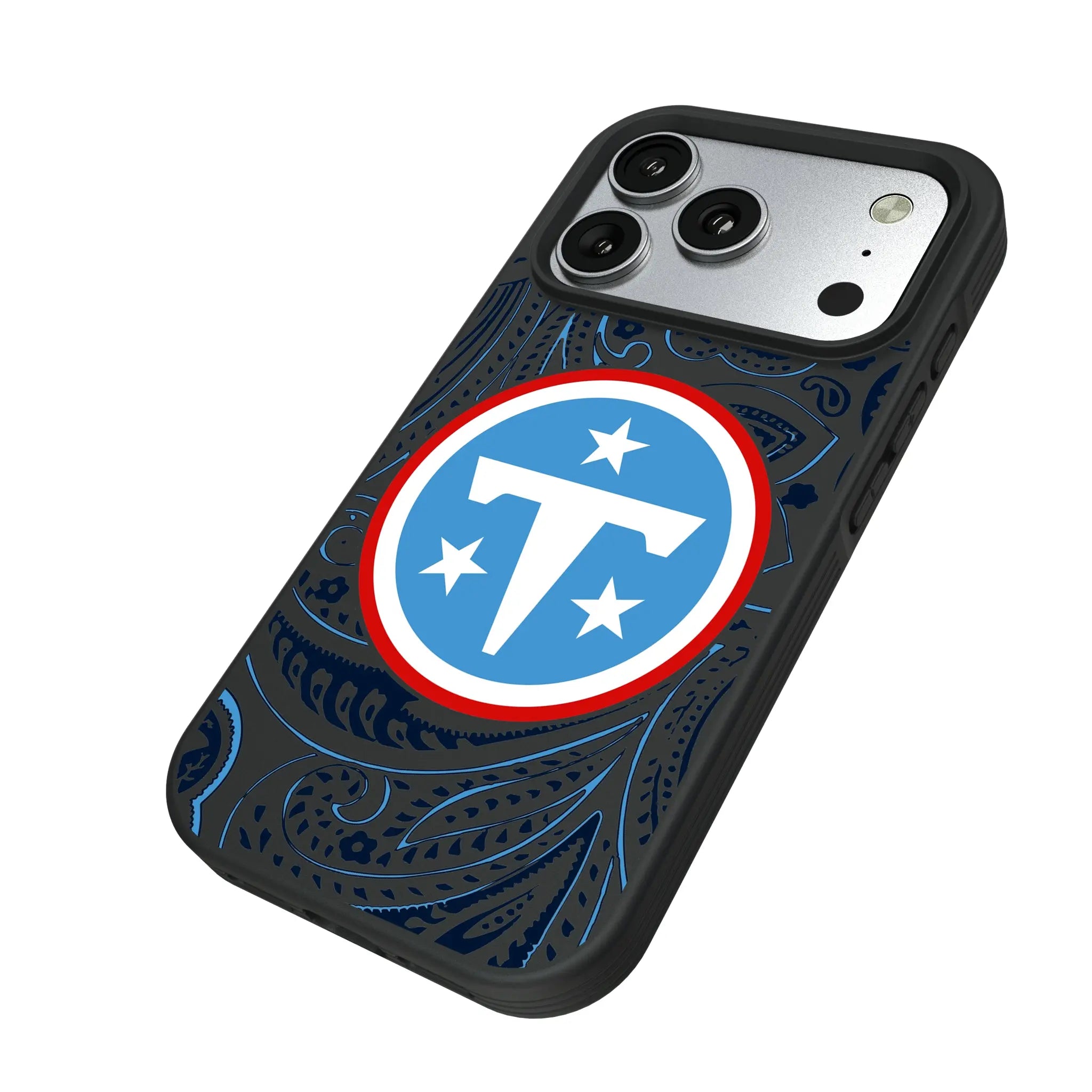 Tennessee Titans Paisley iPhone Bump Phone Case for Apple iPhone - Isometric View#Device_iPhone 17 Pro