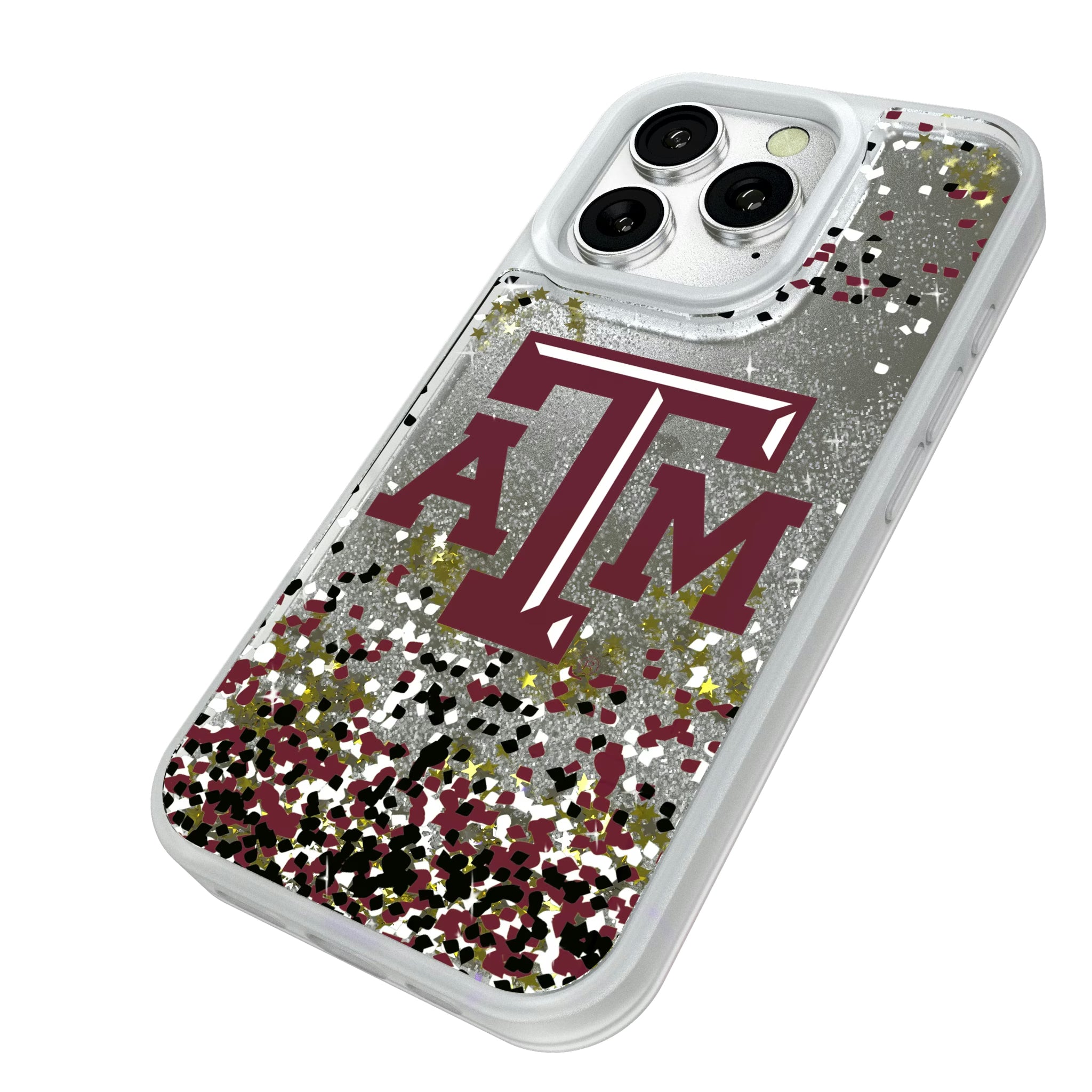 Texas A&M University Aggies Confetti iPhone Glitter Phone Case for Apple iPhone - Isometric View#Device_iPhone 16 Pro