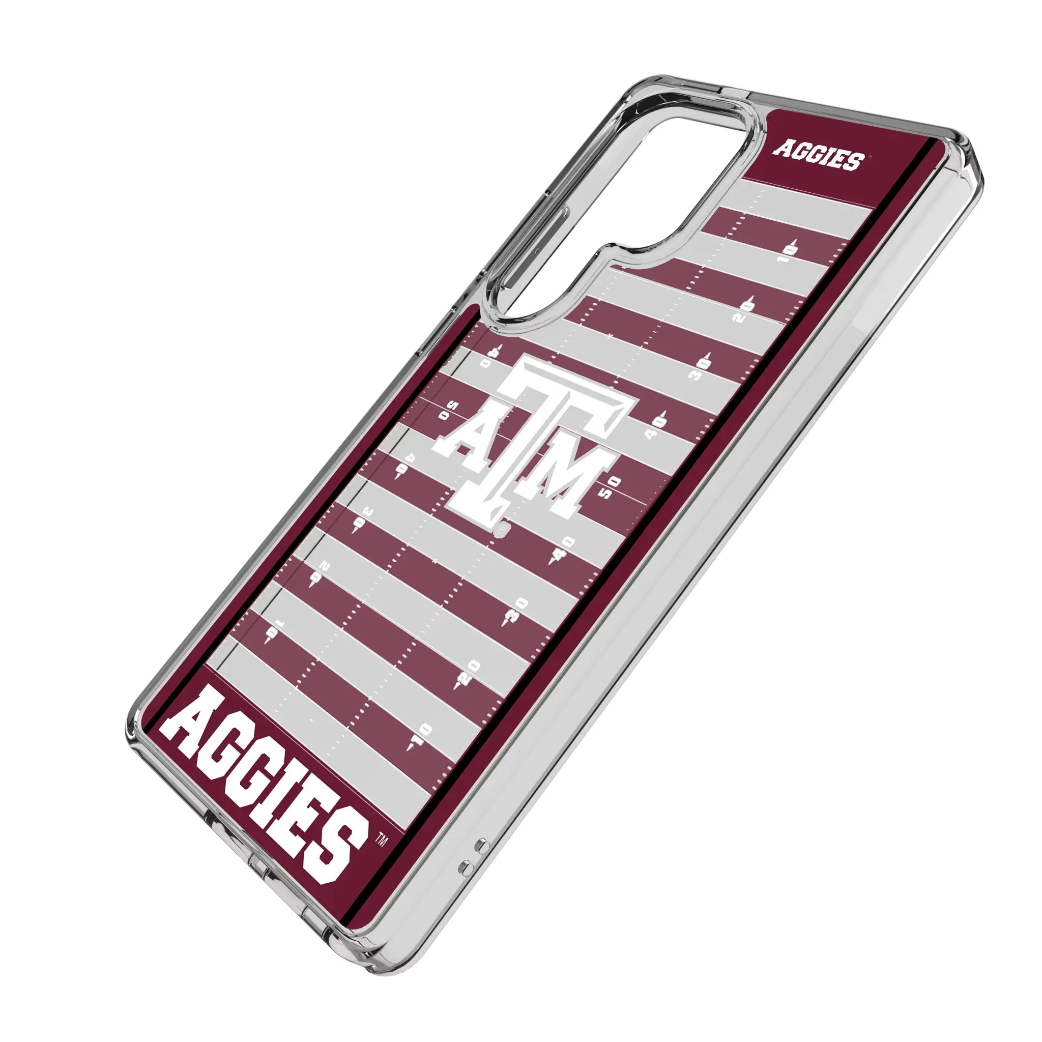 Texas A&M University Aggies Field Galaxy Clear Phone Case for Samsung Galaxy - Isometric View#Device_Galaxy S25 Ultra