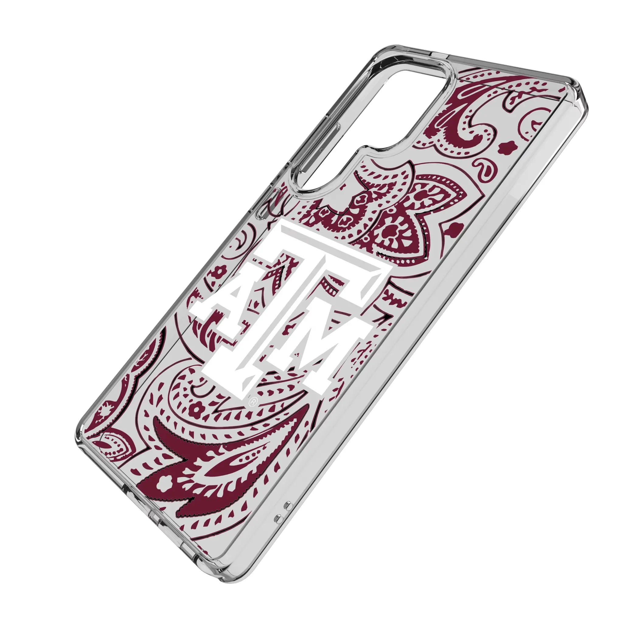 Texas A&M University Aggies Paisley Galaxy Clear Phone Case for Samsung Galaxy - Isometric View#Device_Galaxy S25 Ultra