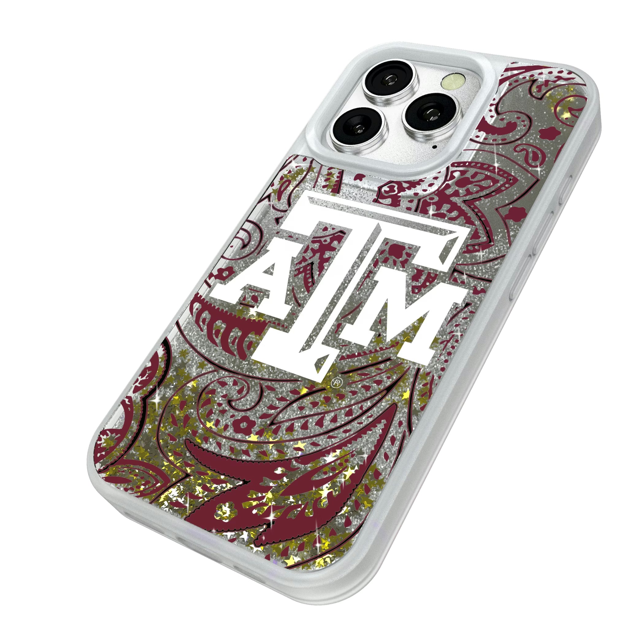 Texas A&M University Aggies Paisley iPhone Glitter Phone Case for Apple iPhone - Isometric View#Device_iPhone 16 Pro