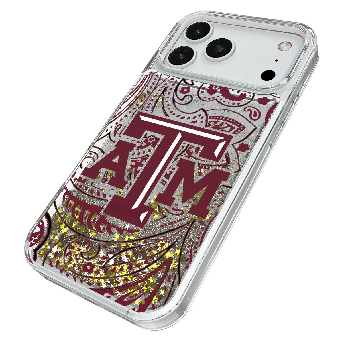 Texas A&M University Aggies Paisley iPhone Glitter Phone Case for Apple iPhone - Isometric View#Device_iPhone 18 Pro Max
